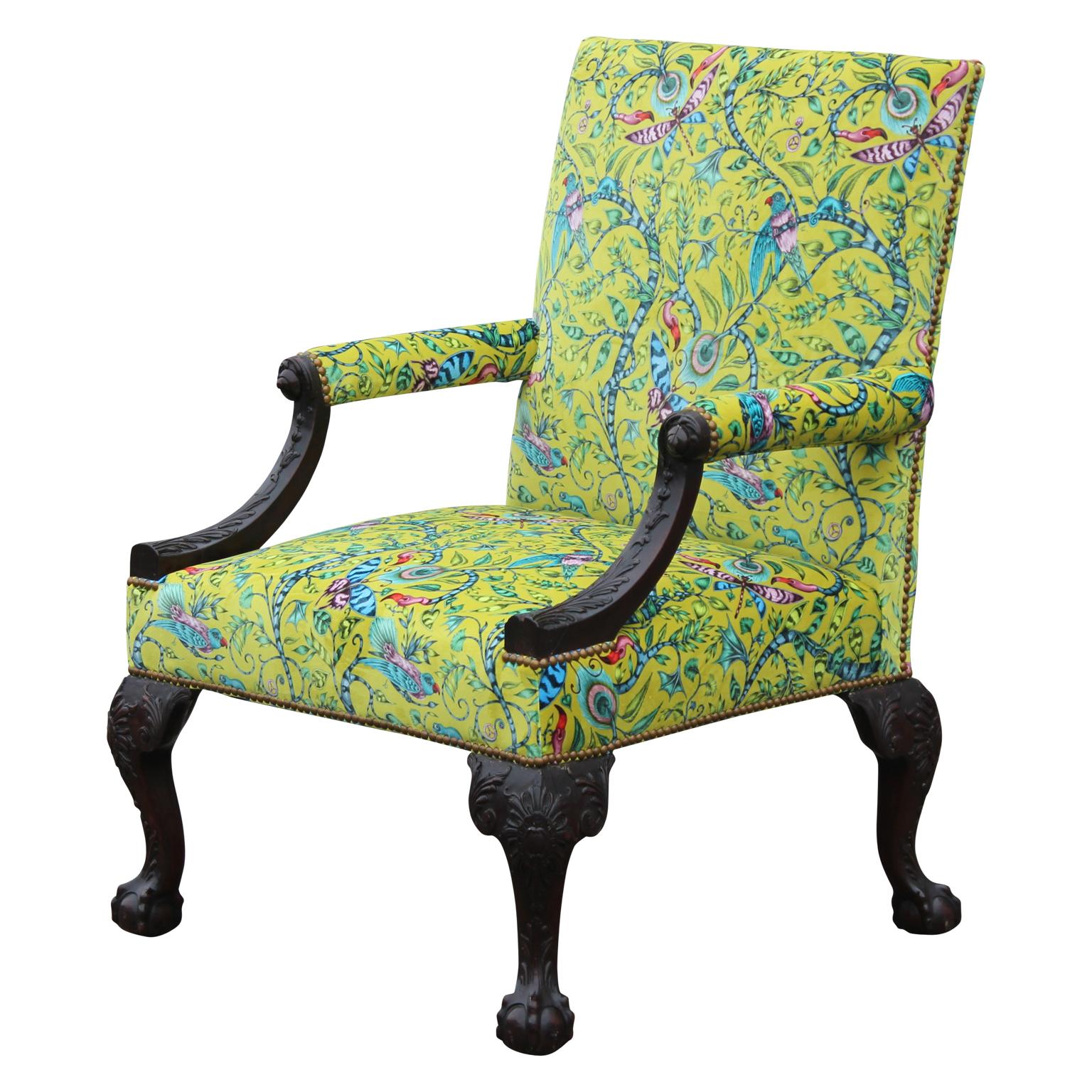 American Stunning Upholstered Highly Carved Gainsborough George the Second Library Chair
