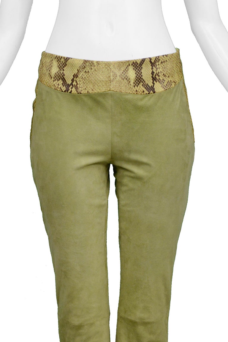 Stunning Versace Green and Snake Print Suede and Leather Pants For Sale
