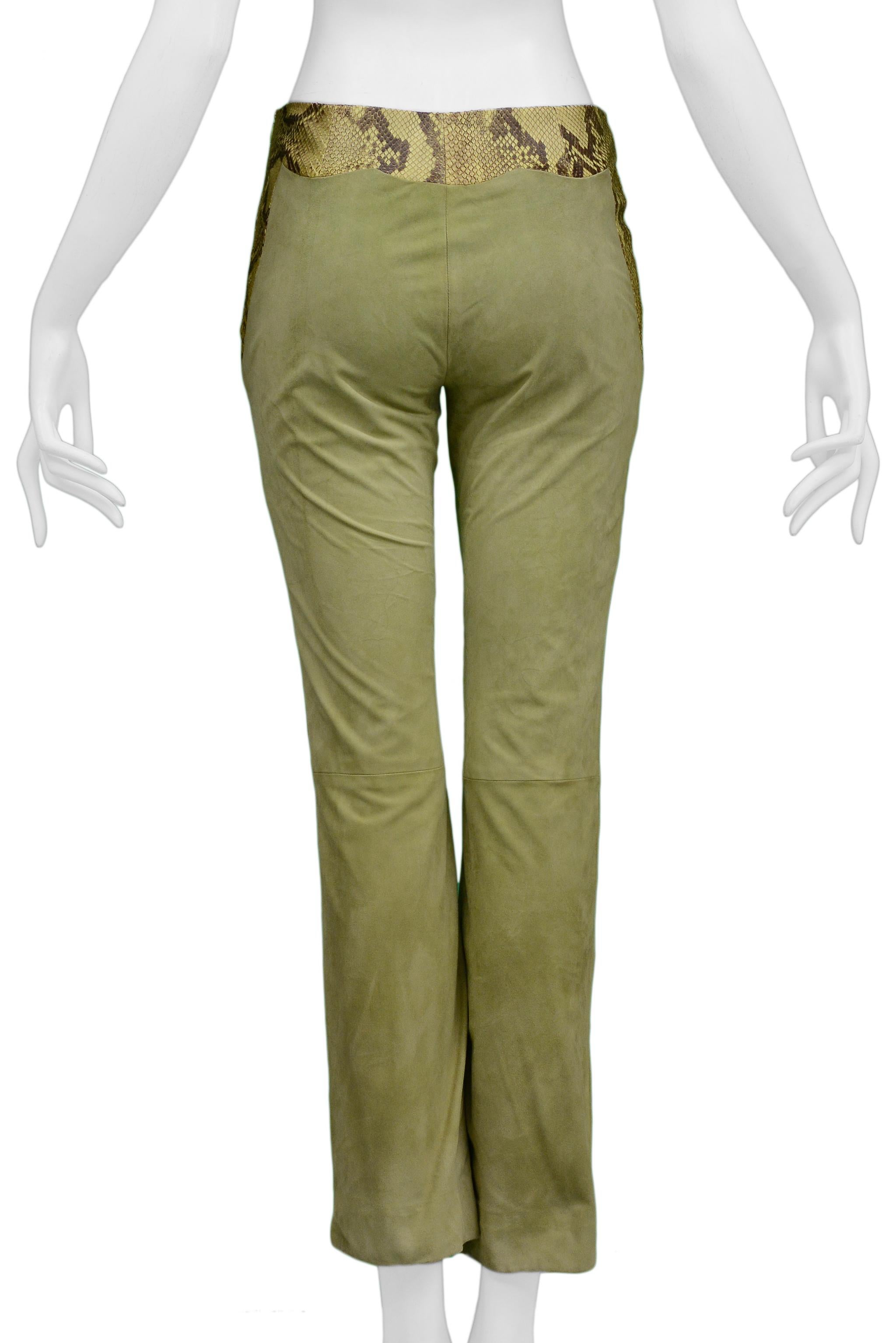 Brown Stunning Versace Green & Snake Print Suede & Leather Pants   For Sale