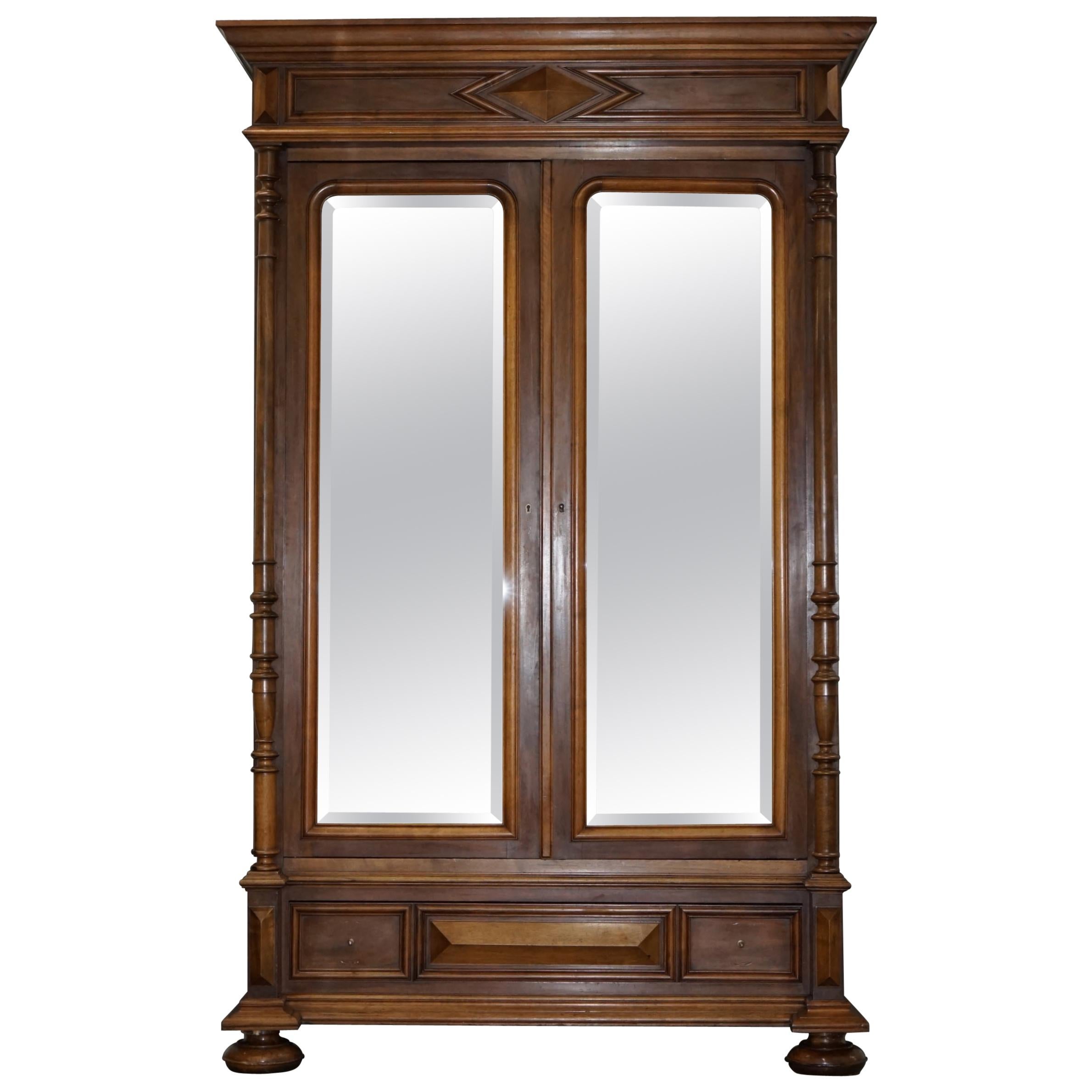 Stunning Very Grand circa 1860 French Walnut Mirrored Door Armoire