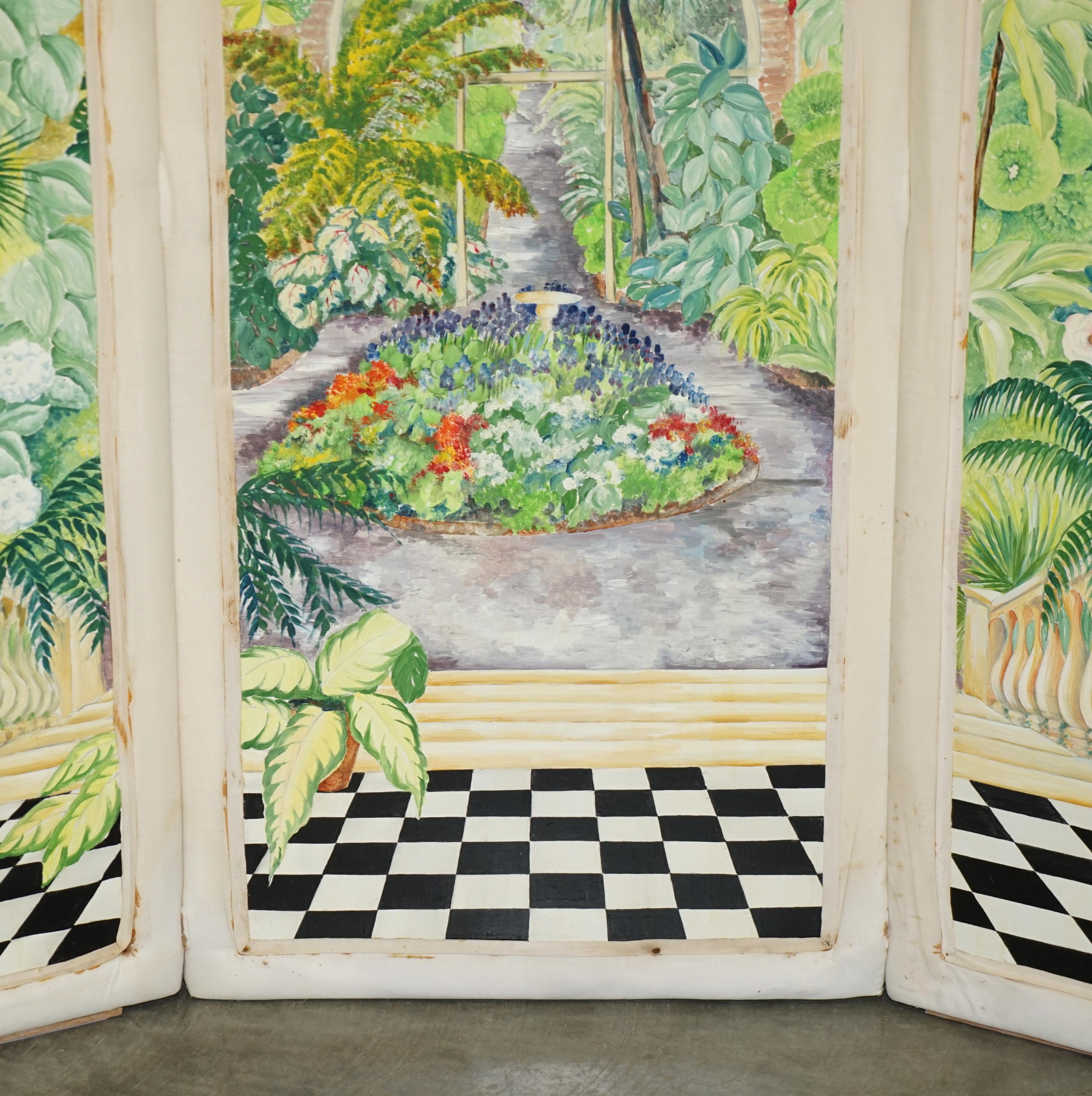 Wood STUNNING VERY LARGE 1930's WATERCOLOR ROOM DIVIDER FOLDING SCREEN GARDEN SCENE For Sale