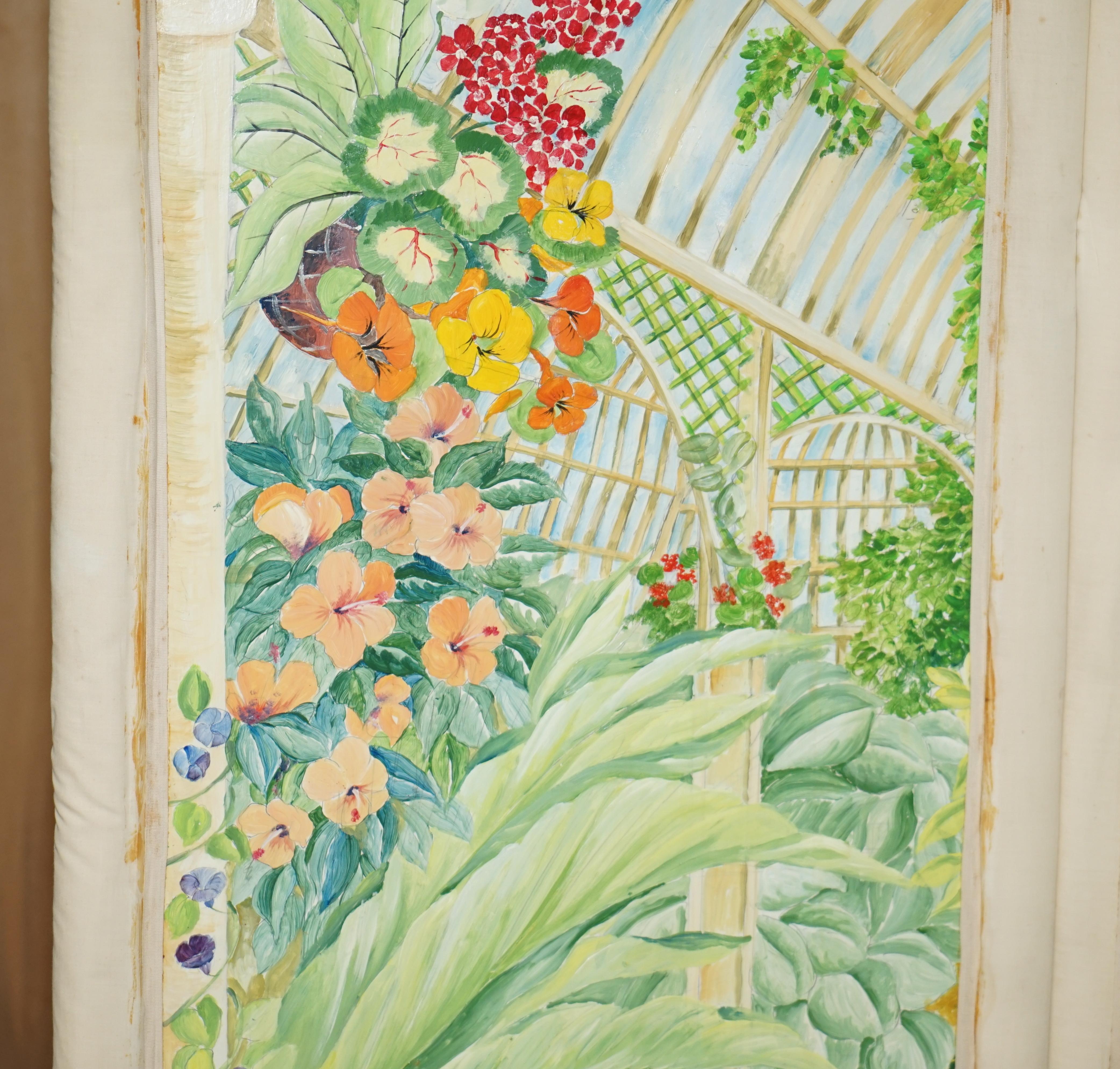Hand-Crafted STUNNING VERY LARGE 1930's WATERCOLOR ROOM DIVIDER FOLDING SCREEN GARDEN SCENE For Sale