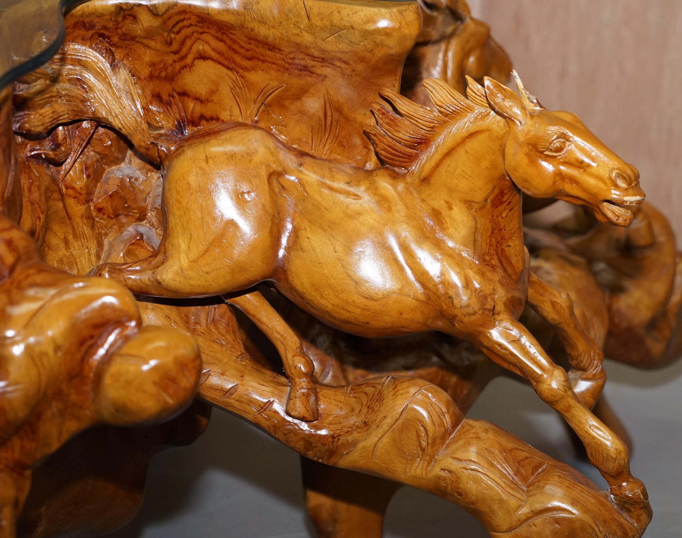 Glass Stunning Very Large Root Wood Carved Equestrian Galloping Horse Coffee Table