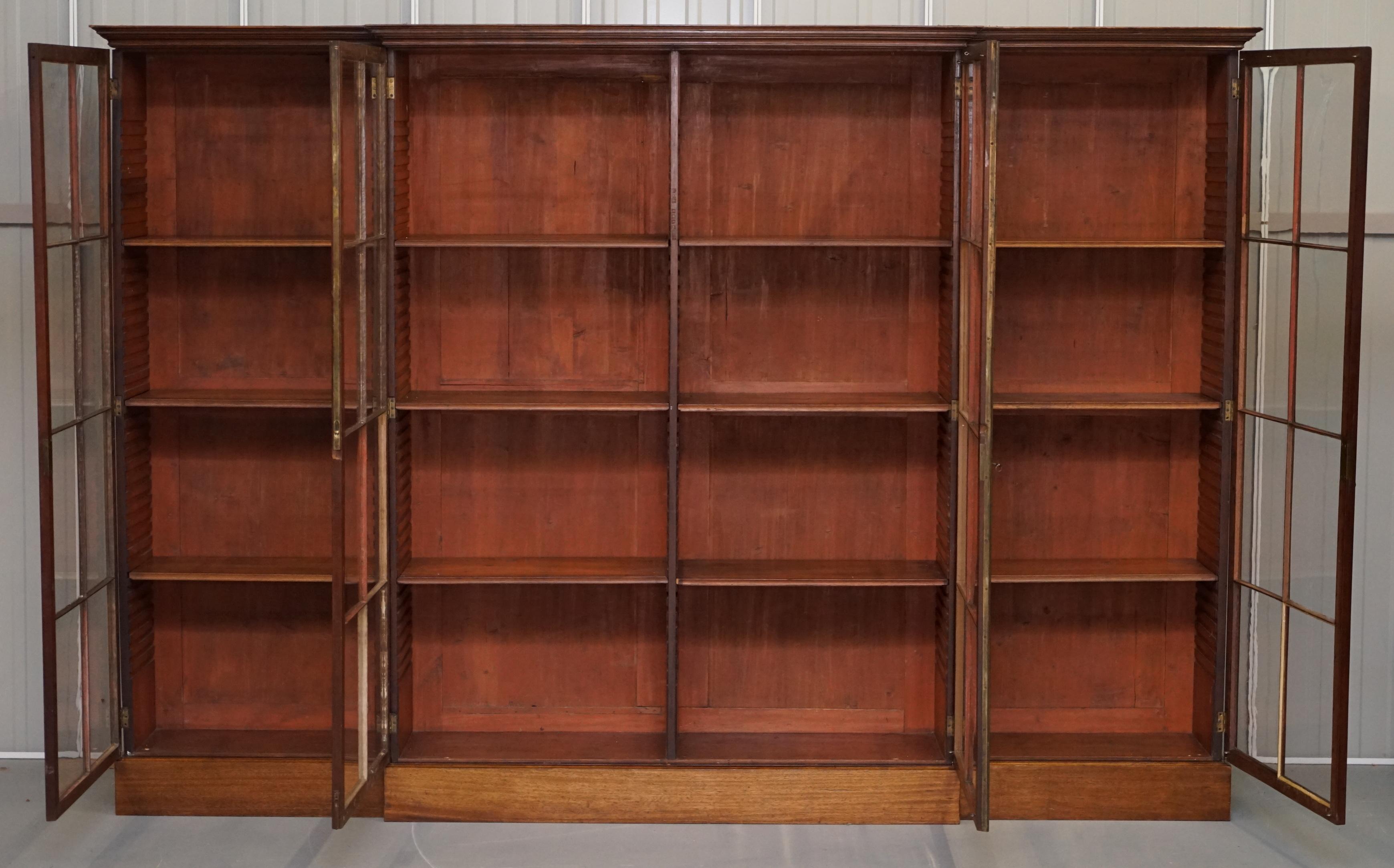 Stunning Very Large Victorian Mahogany Library Breakfront Bookcase Glass Doors 4