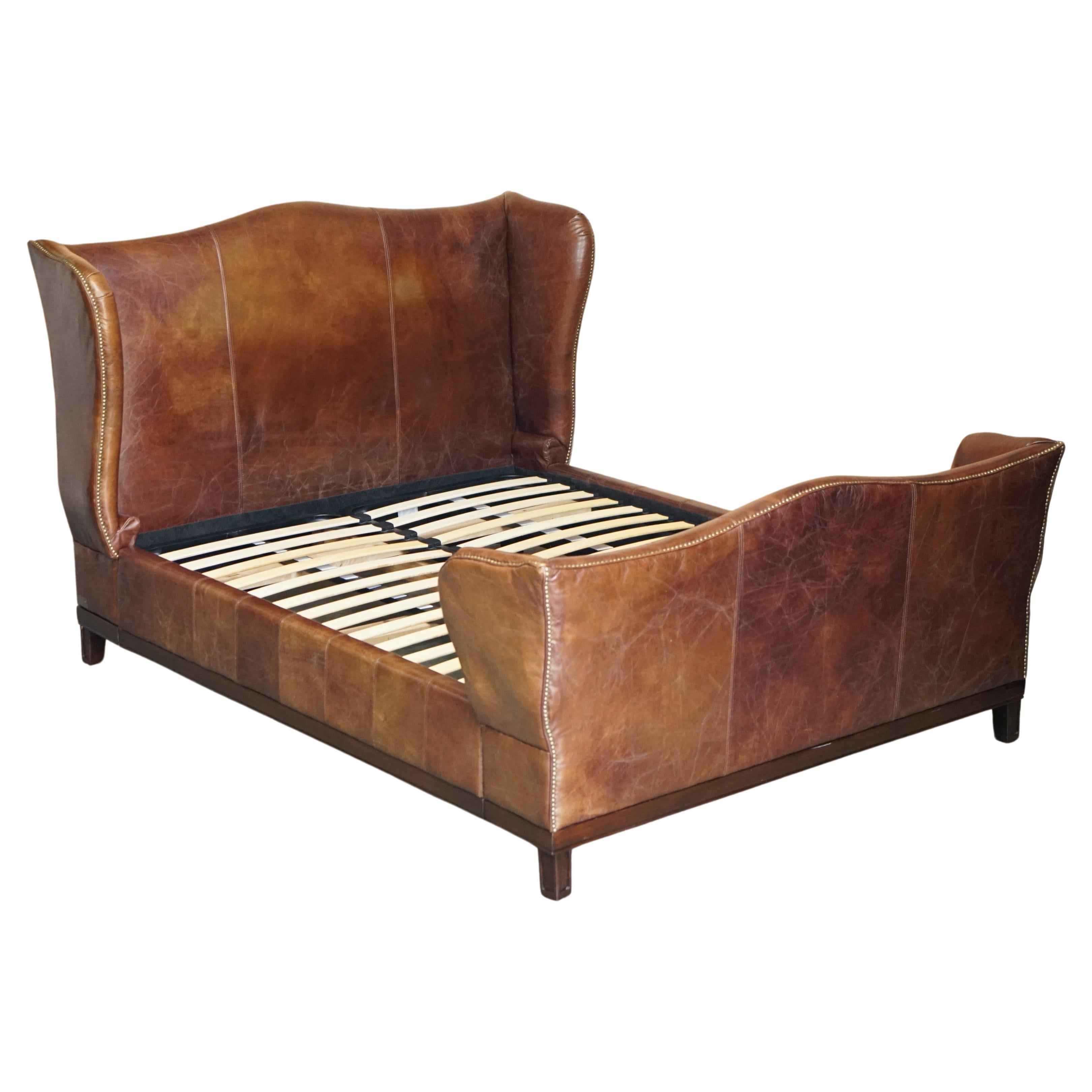 STUNNING VERY RARE HAND DYED HERITAGE BROWN LEATHER WINGBACK KiNG SIZE BED FRAME