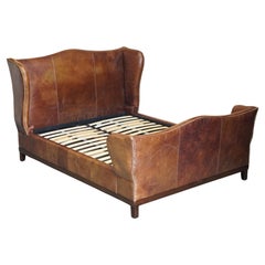 STUNNING VERY RARE HAND DYED HERITAGE BROWN LEATHER WINGBACK KiNG SIZE BED FRAME