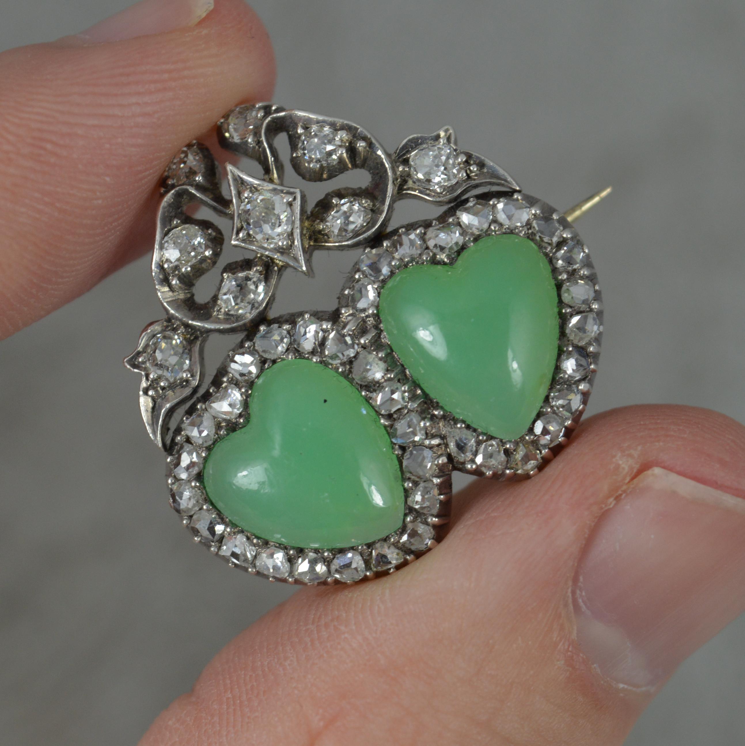 Heart Cut Stunning Victorian 15ct Gold Old Cut Diamond and Chrysoprase Double Heart Brooch