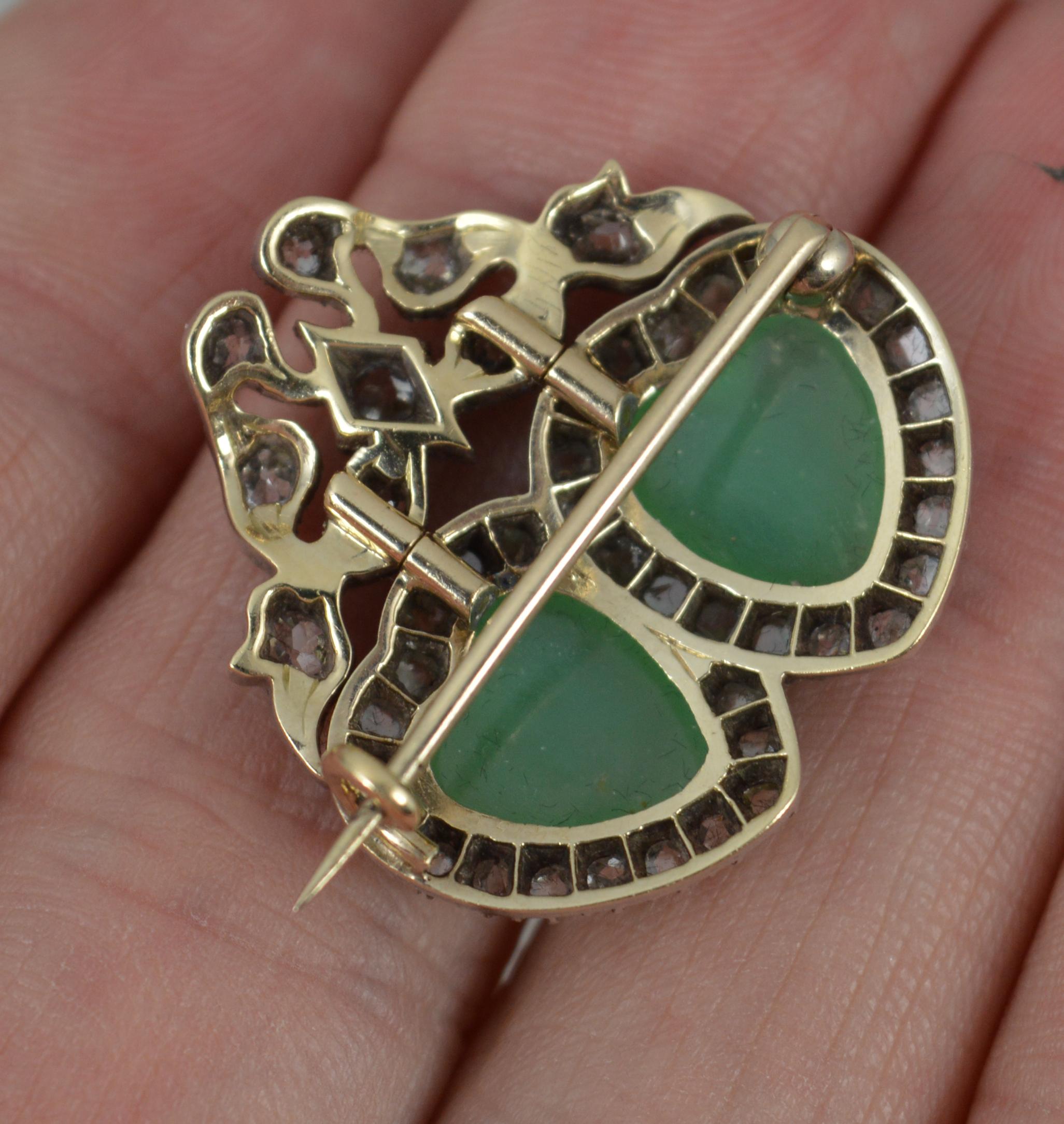 Stunning Victorian 15ct Gold Old Cut Diamond and Chrysoprase Double Heart Brooch 2