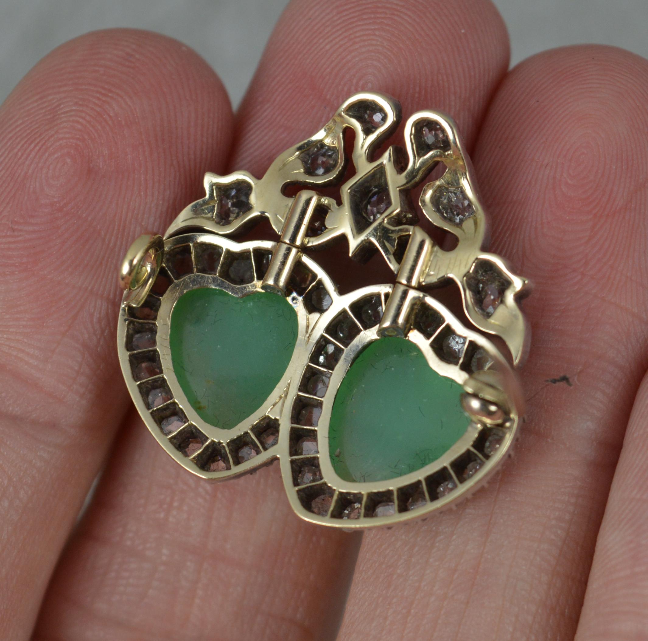 Stunning Victorian 15ct Gold Old Cut Diamond and Chrysoprase Double Heart Brooch 3
