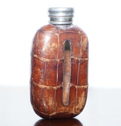 Stunning Victorian Alligator Crocodile Leather Small Hip Flask Made in England
