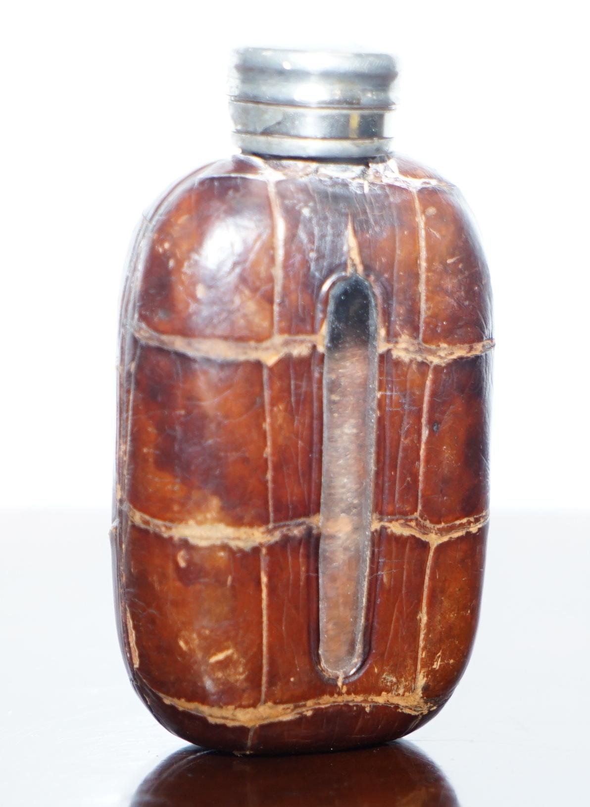 Hand-Crafted Stunning Victorian Alligator Crocodile Leather Small Hip Flask Made in England