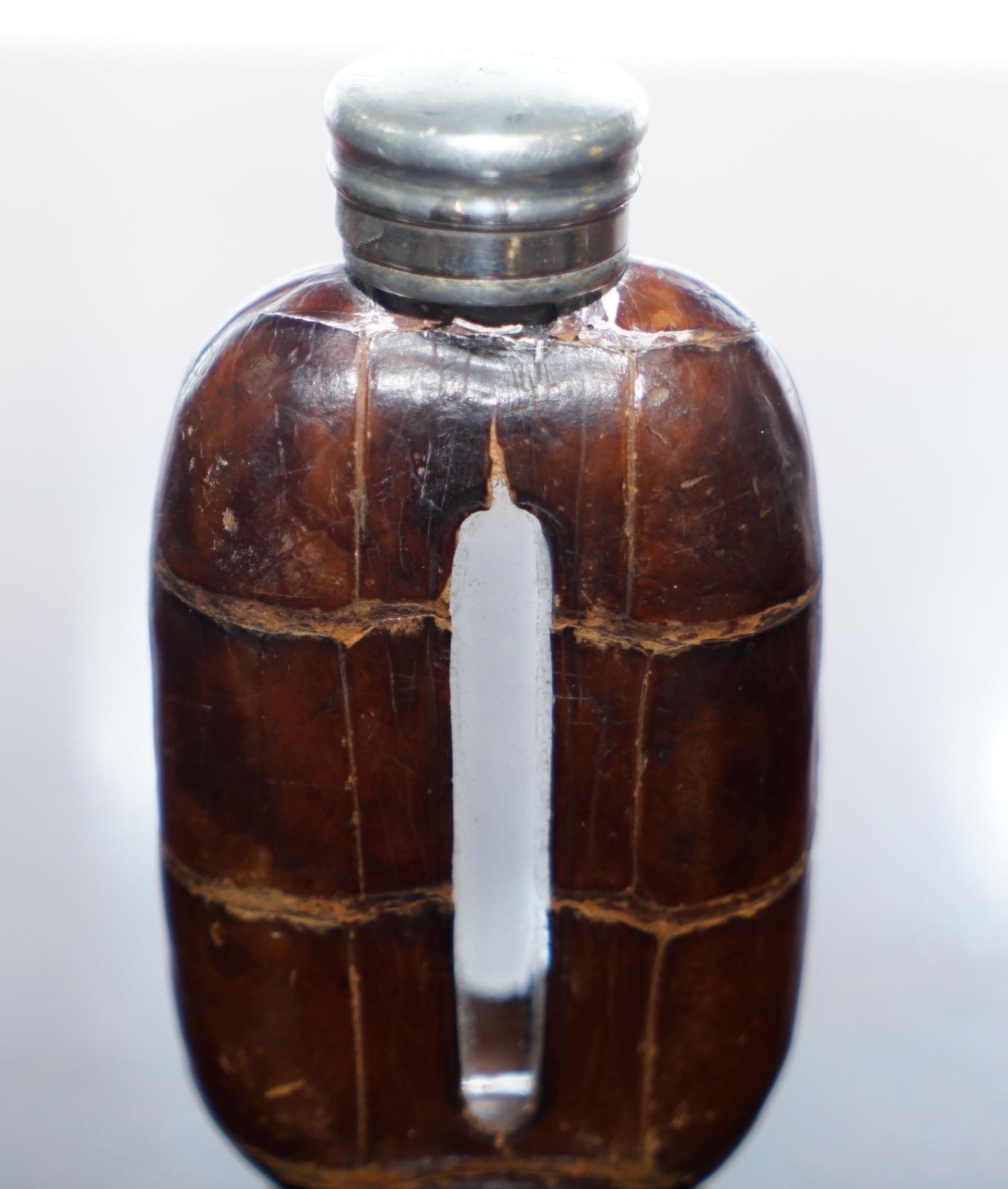 Glass Stunning Victorian Alligator Crocodile Leather Small Hip Flask Made in England