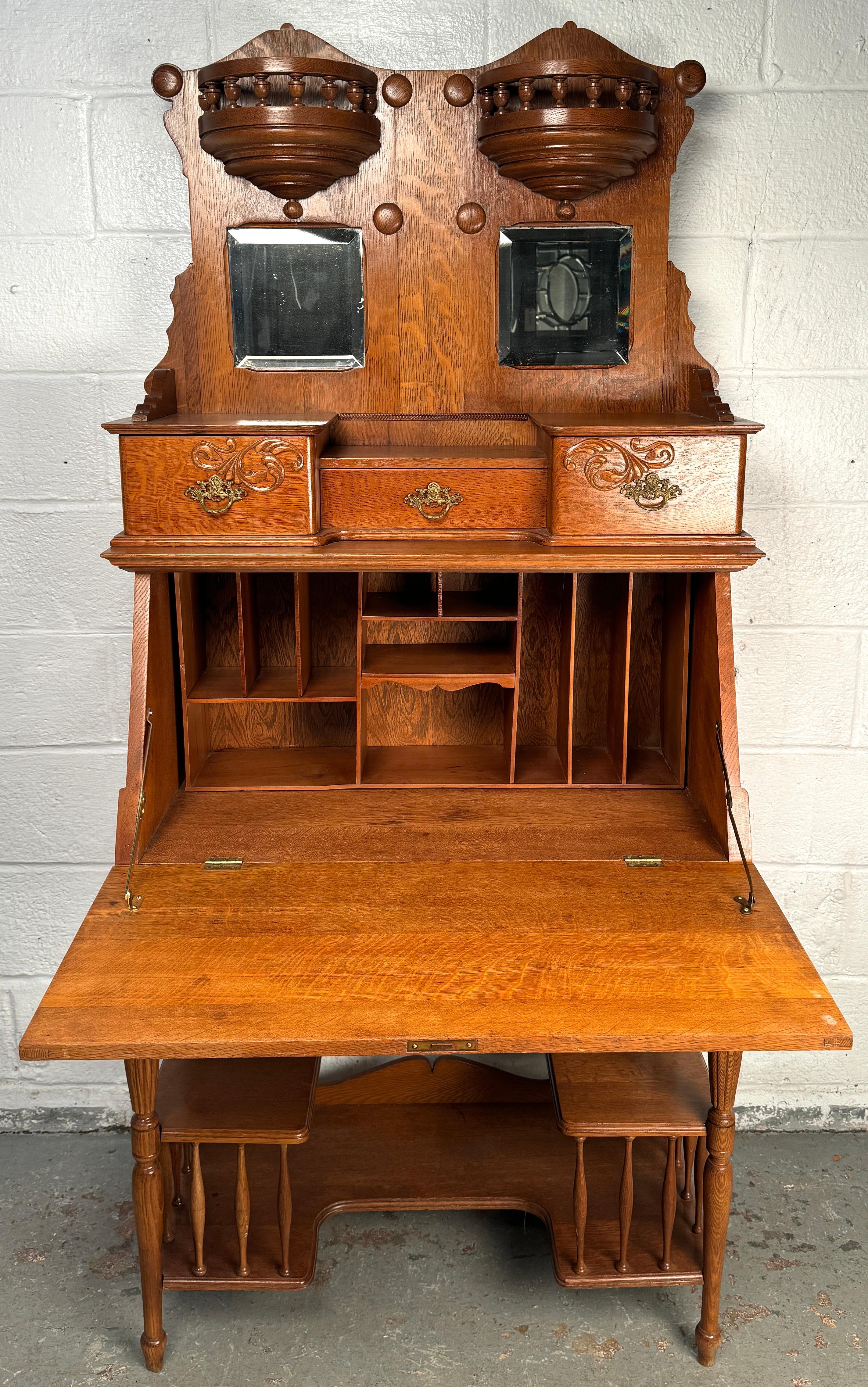 Stunning Victorian Antique Golden Oak Slant Front Desk For Sale 6