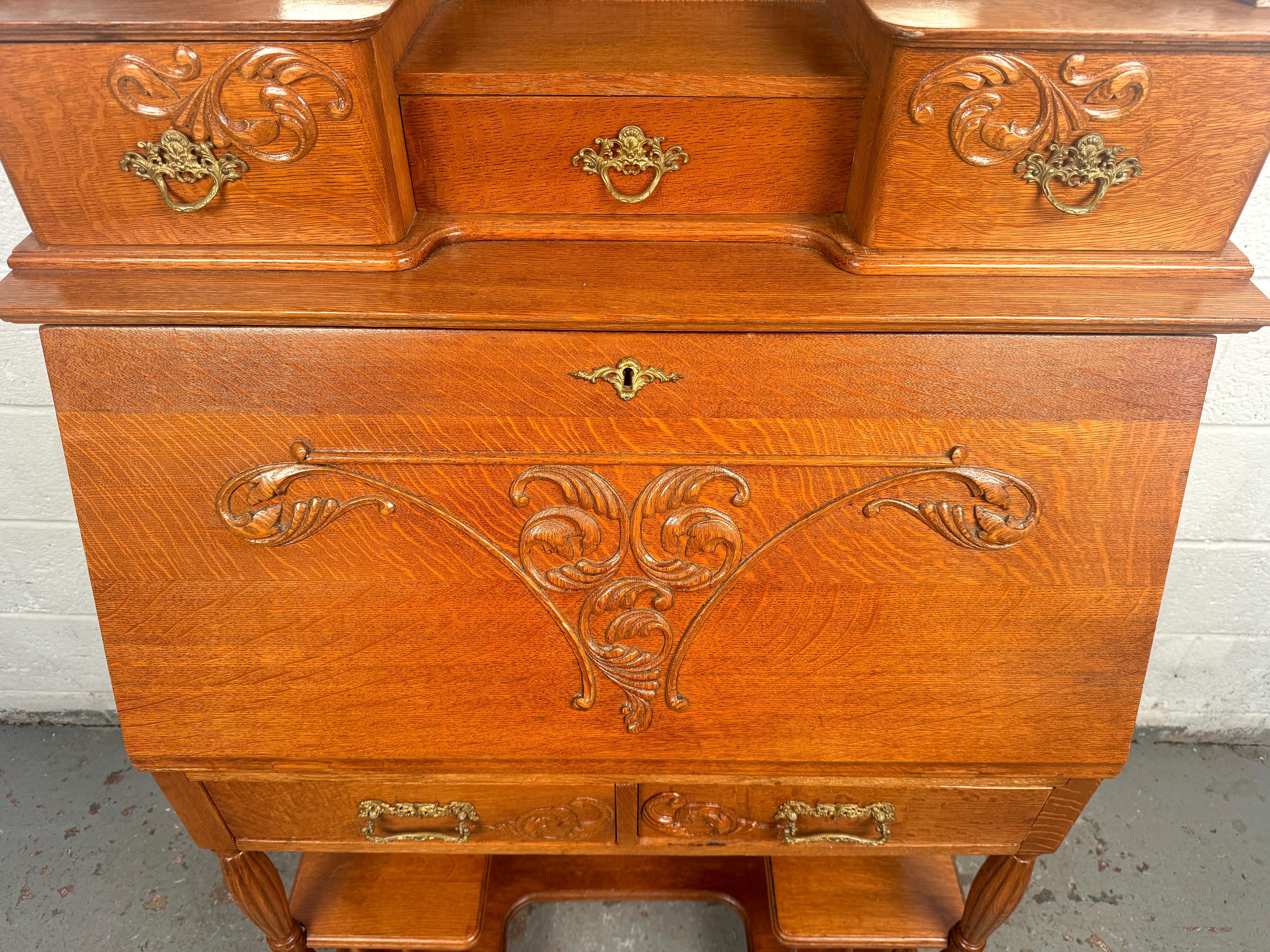 Stunning Victorian Antique Golden Oak Slant Front Desk For Sale 13