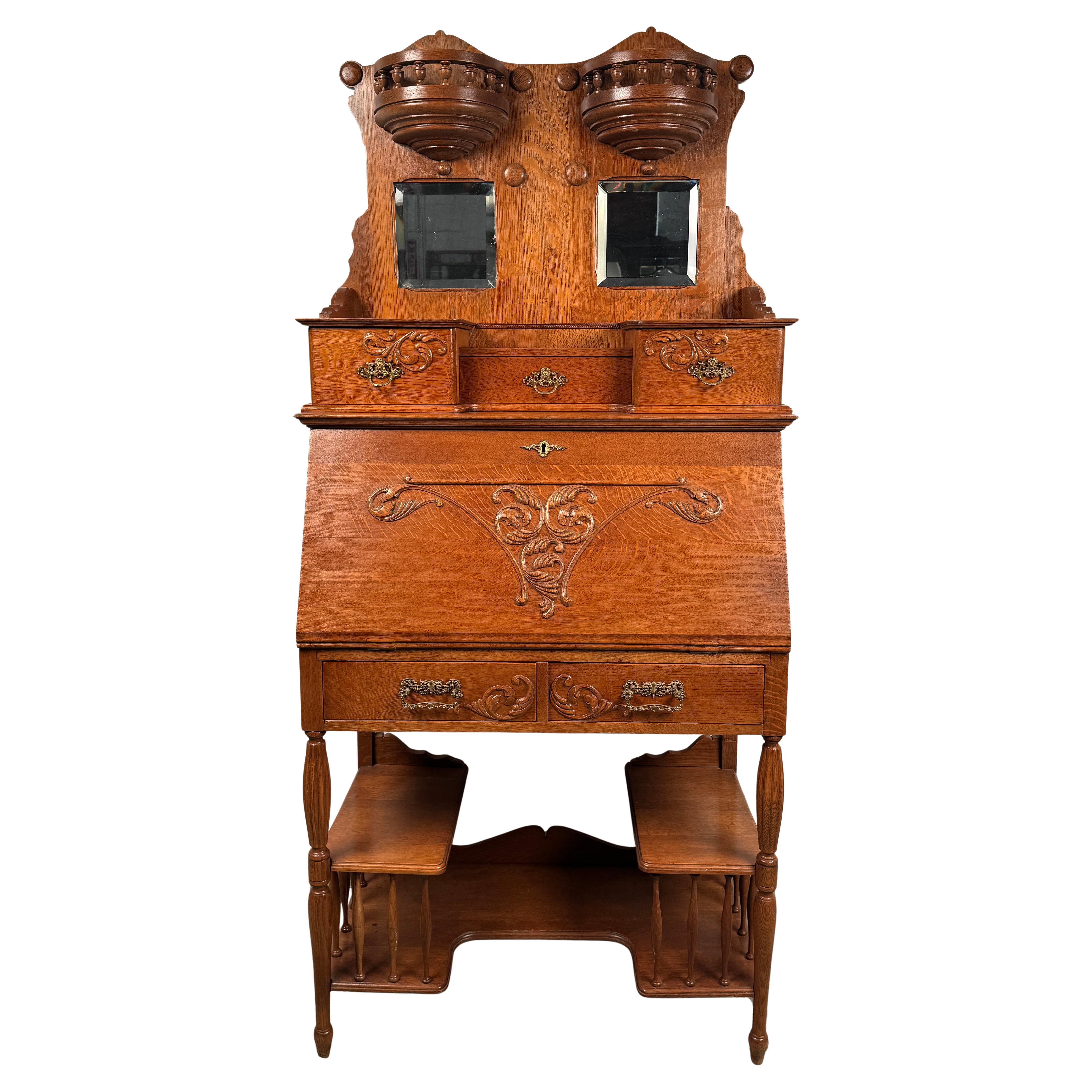 Stunning Victorian Antique Golden Oak Slant Front Desk For Sale