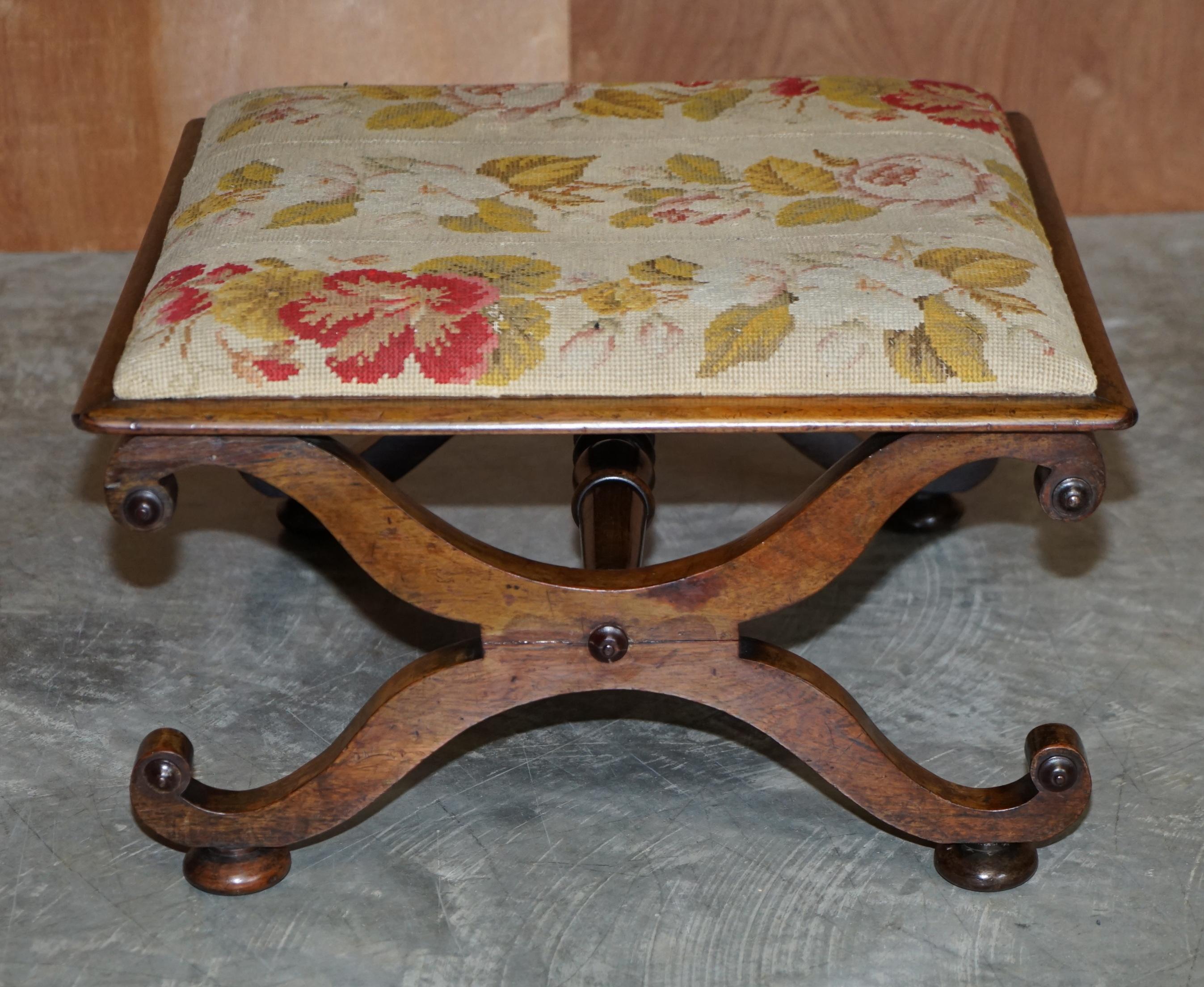Stunning Victorian Antique William & Mary Style Walnut Embroidered Footstool 6