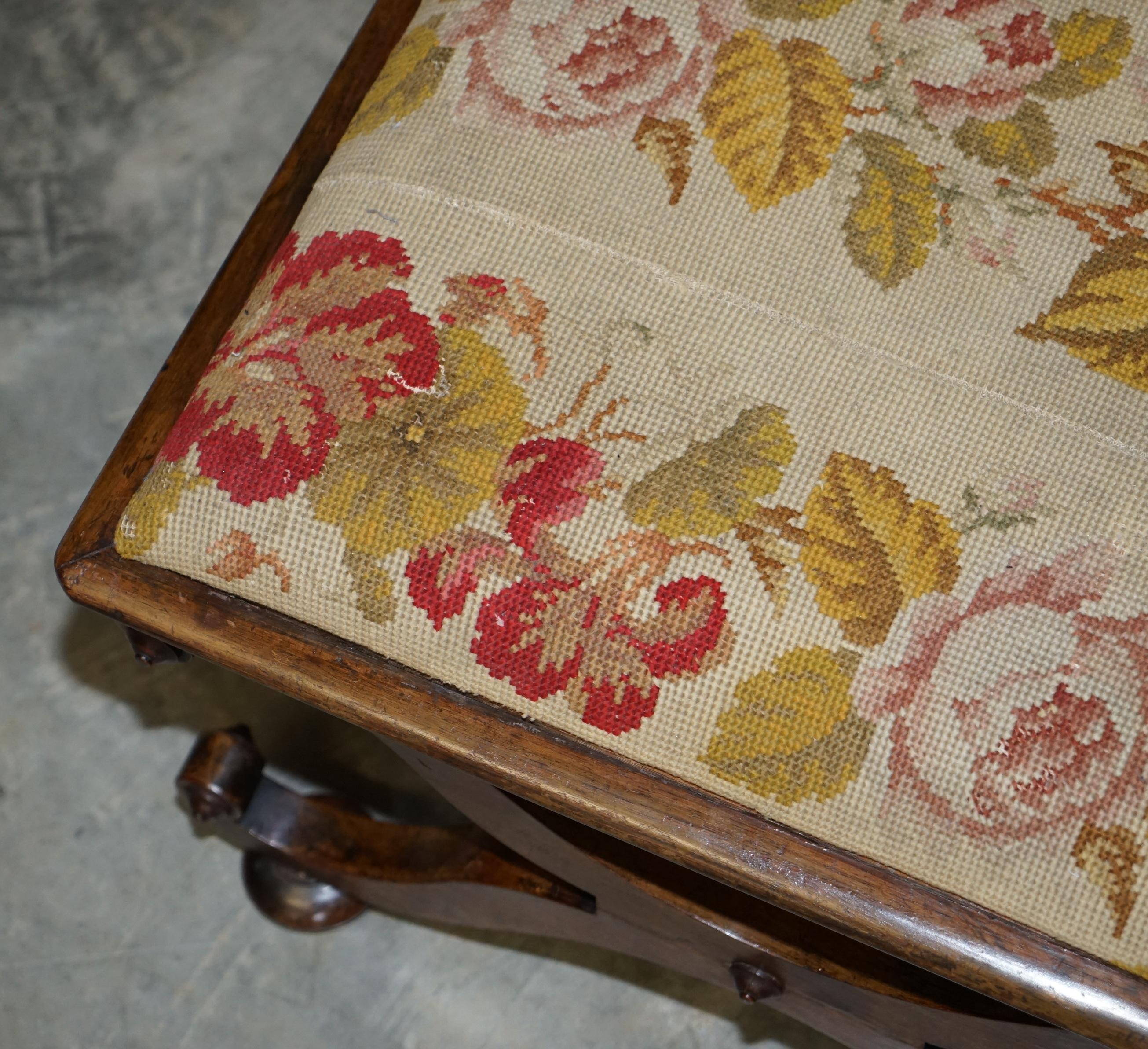 English Stunning Victorian Antique William & Mary Style Walnut Embroidered Footstool