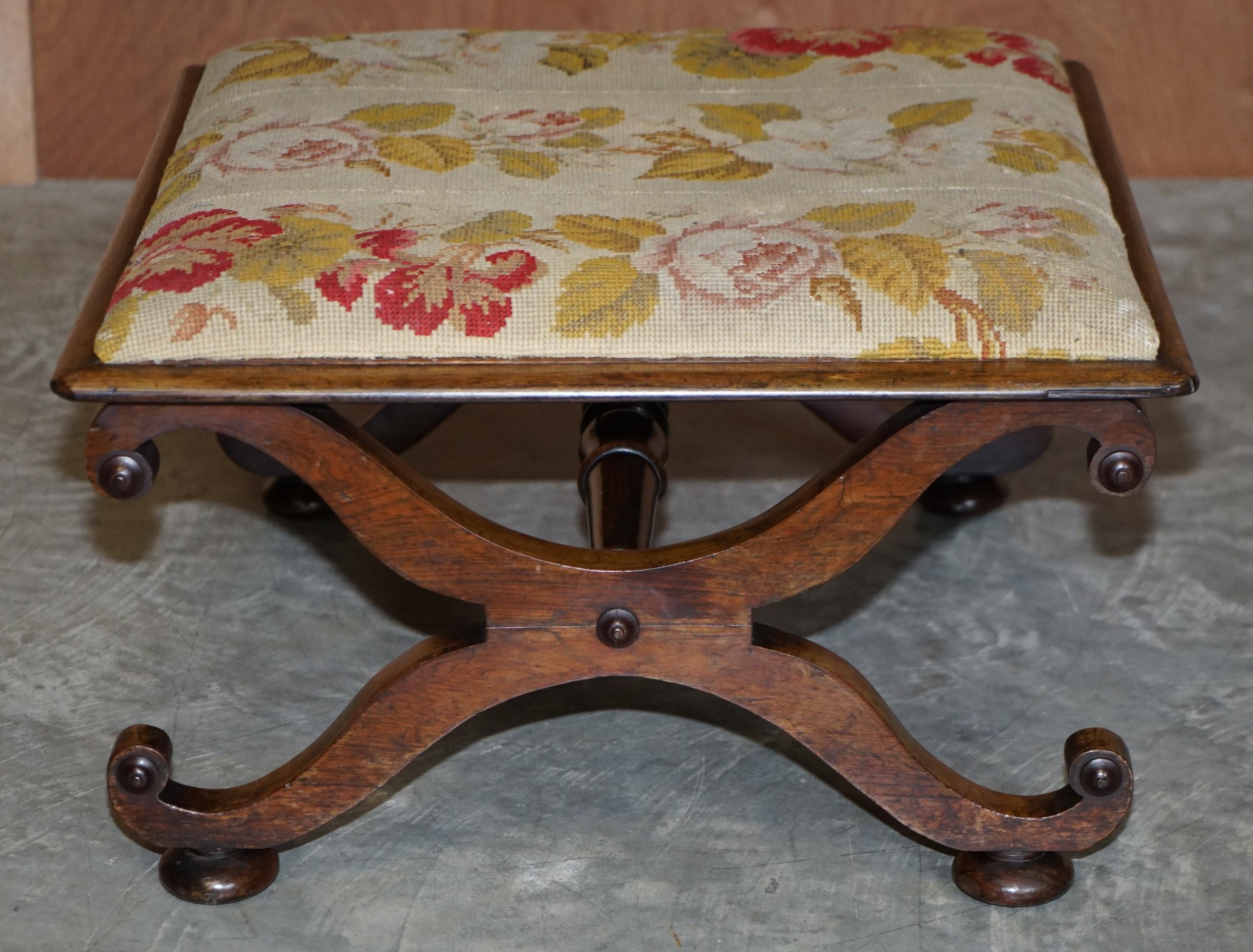 19th Century Stunning Victorian Antique William & Mary Style Walnut Embroidered Footstool