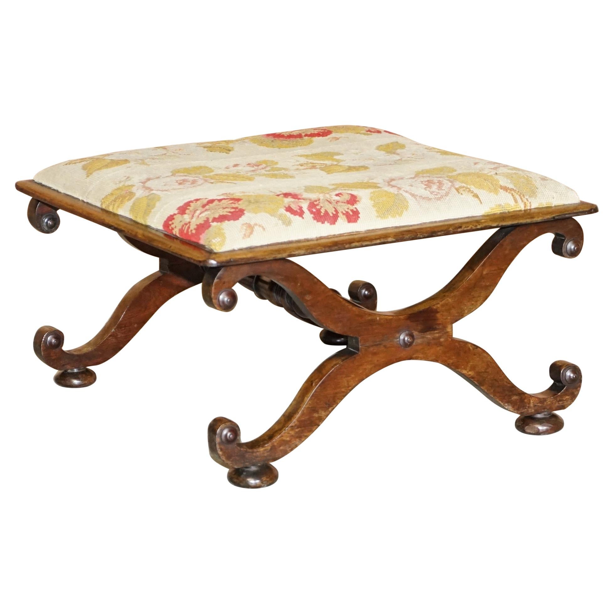 Stunning Victorian Antique William & Mary Style Walnut Embroidered Footstool