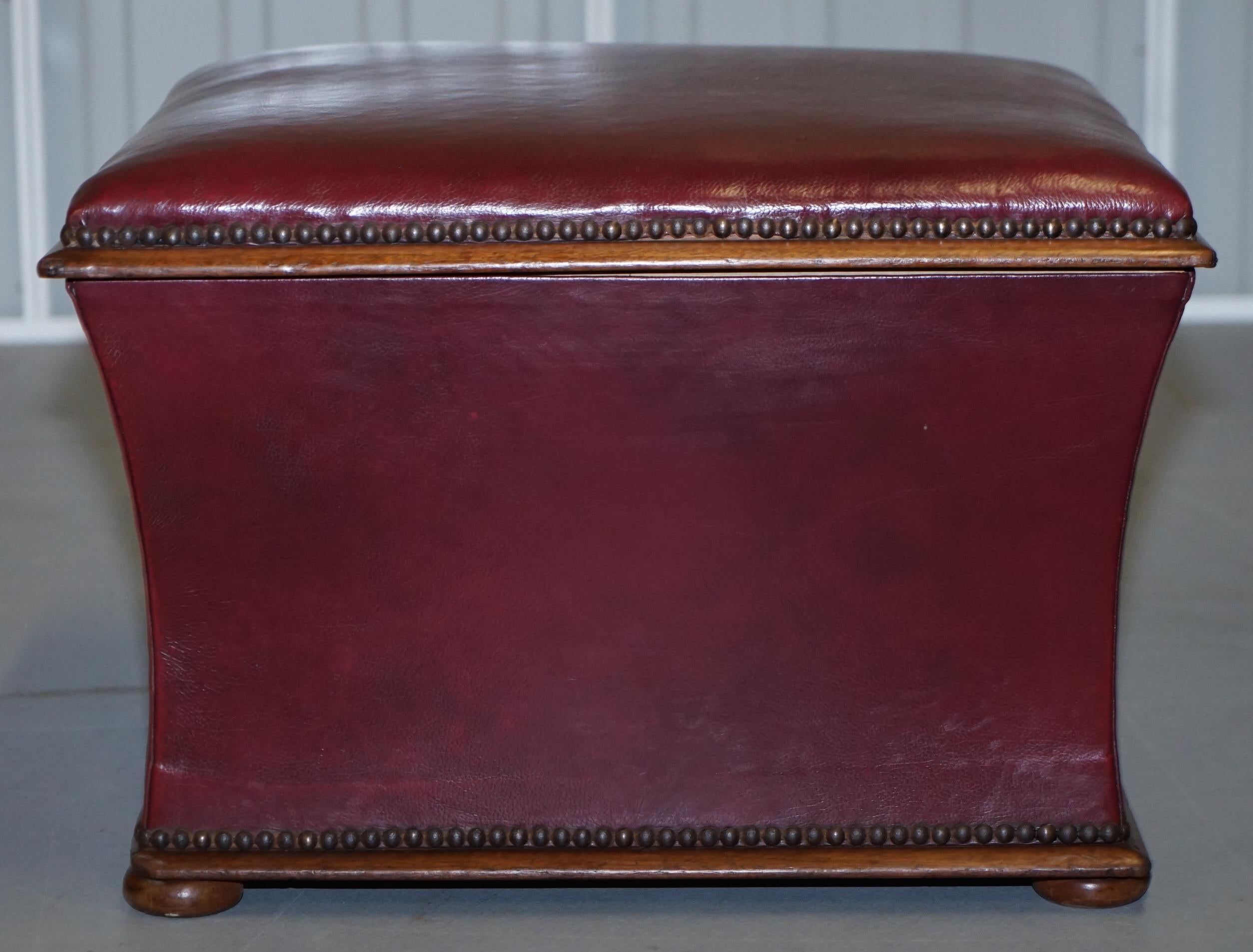 Stunning Victorian circa 1860 Oxblood Leather & English Walnut Footstool Ottoman 1