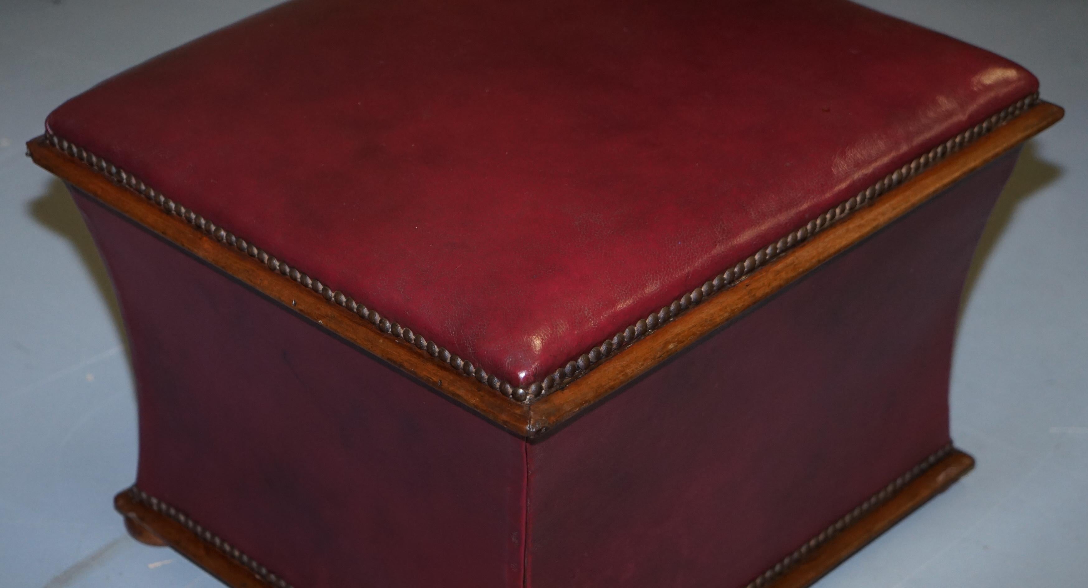 Stunning Victorian circa 1860 Oxblood Leather & English Walnut Footstool Ottoman 2