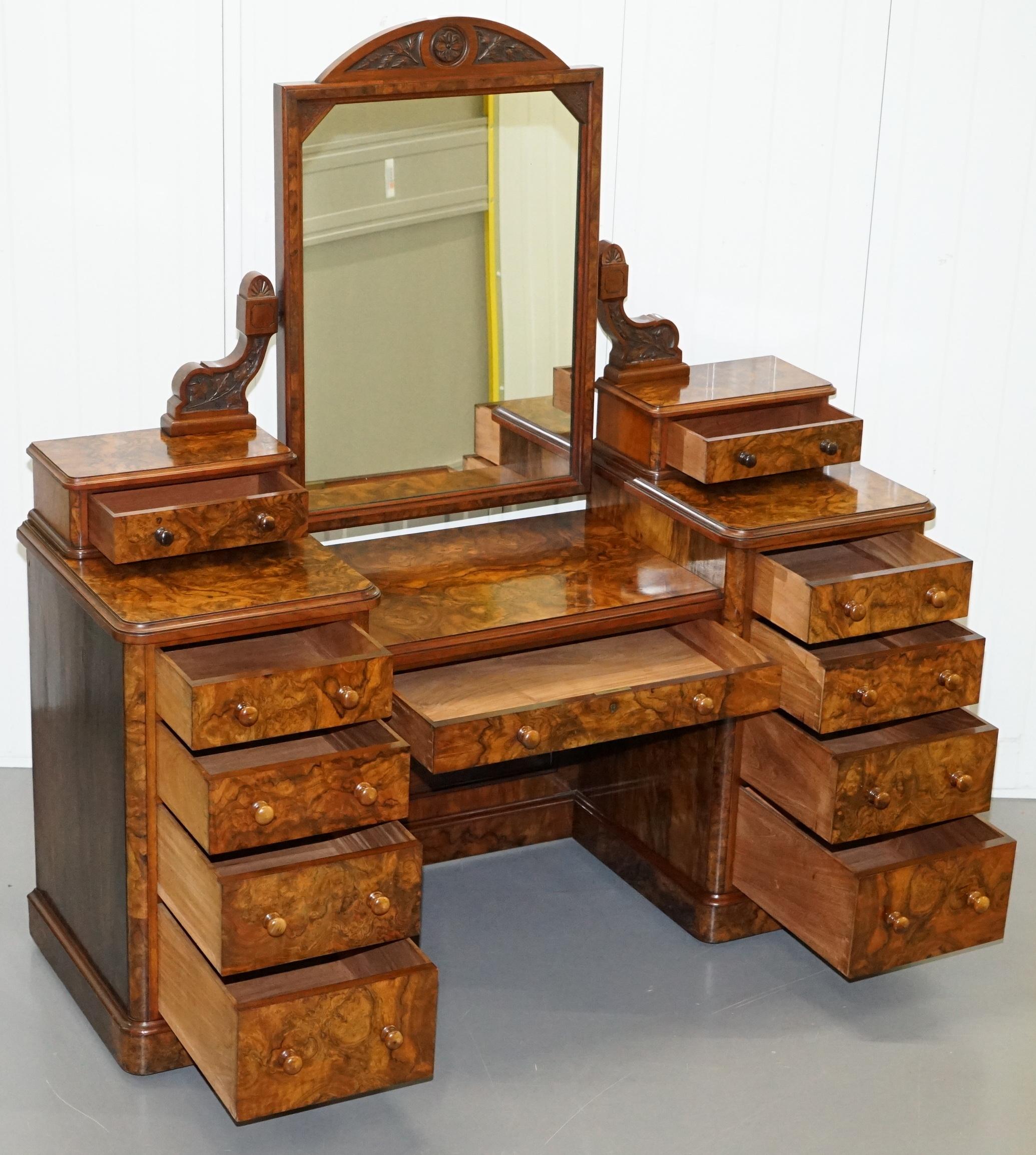 Stunning Victorian Collinge's Burr Walnut Dressing Table with Drawers and Mirror 8