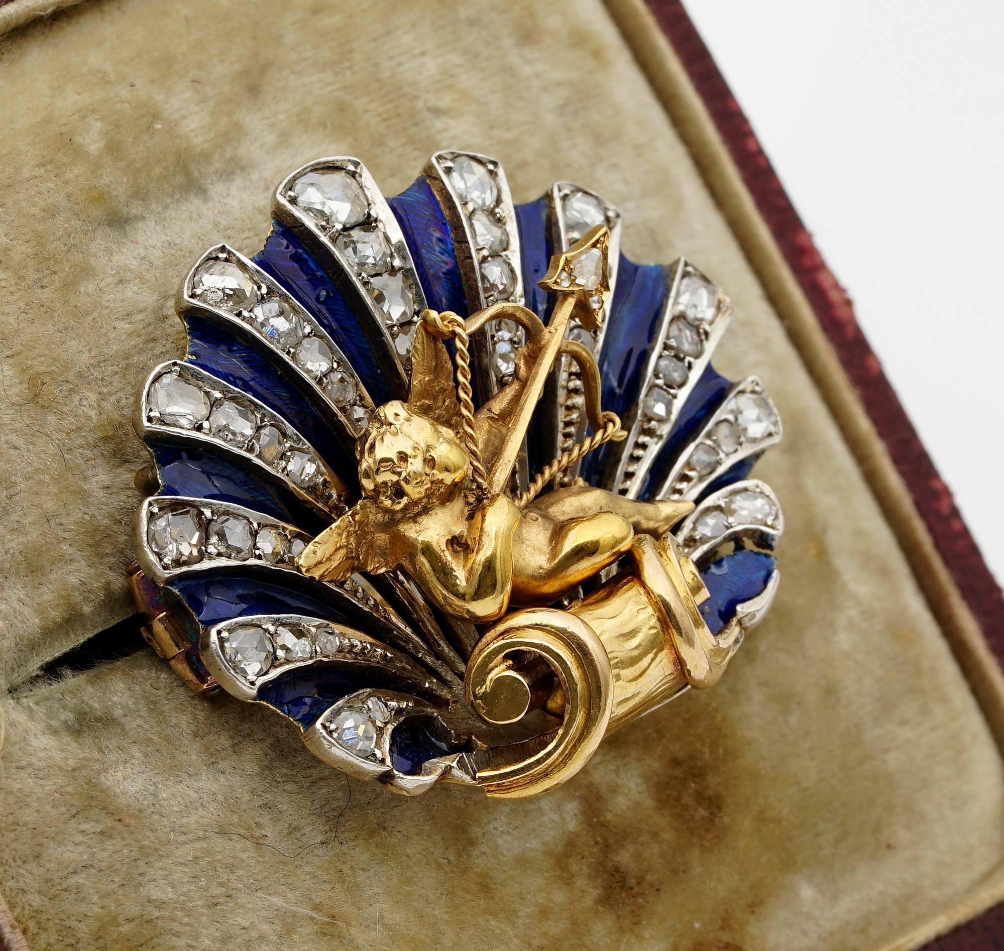Stunning Victorian Diamond Enamel Cherub Sentimental Brooch Pendant In Good Condition For Sale In Napoli, IT