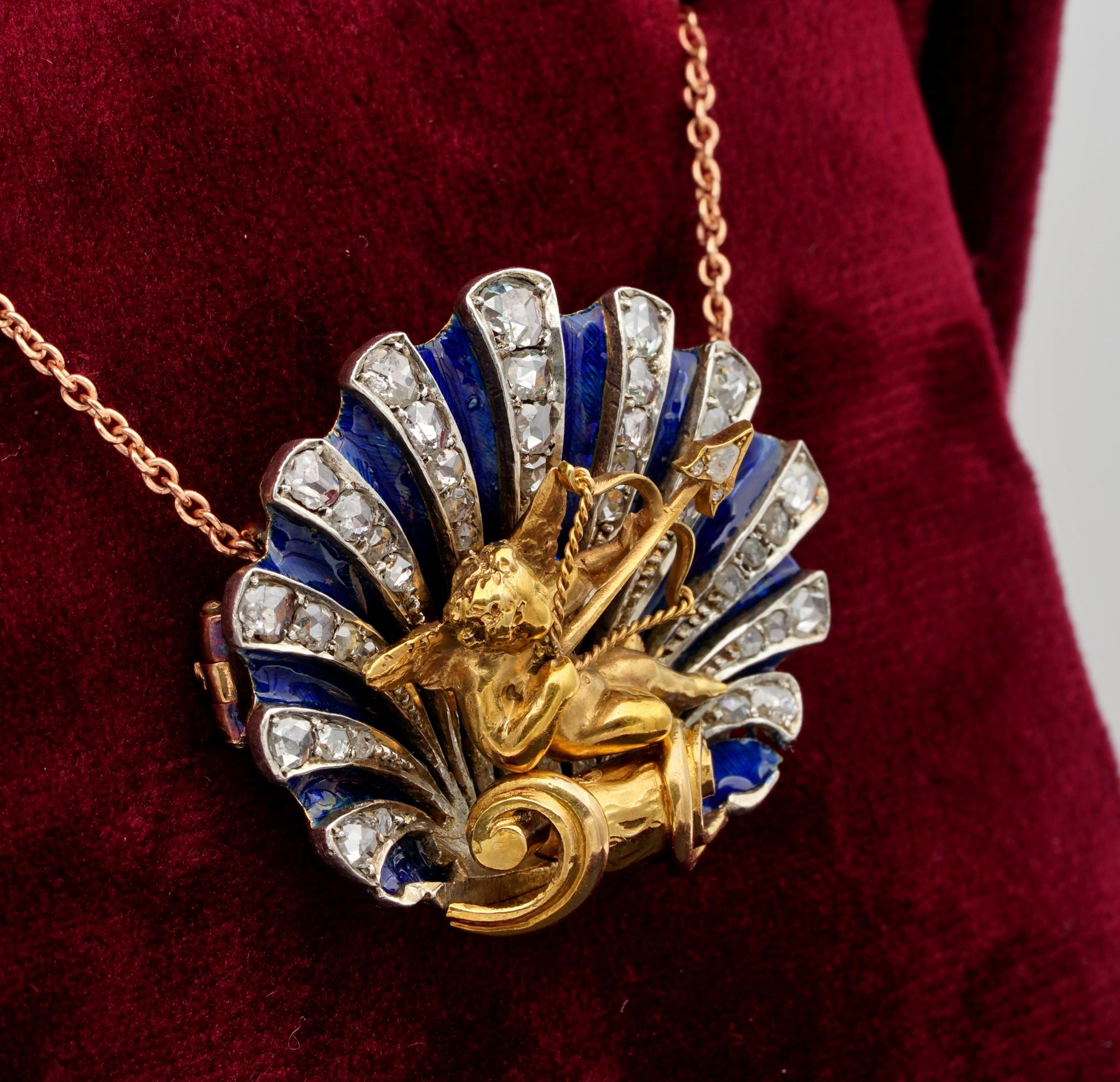 Women's or Men's Stunning Victorian Diamond Enamel Cherub Sentimental Brooch Pendant For Sale