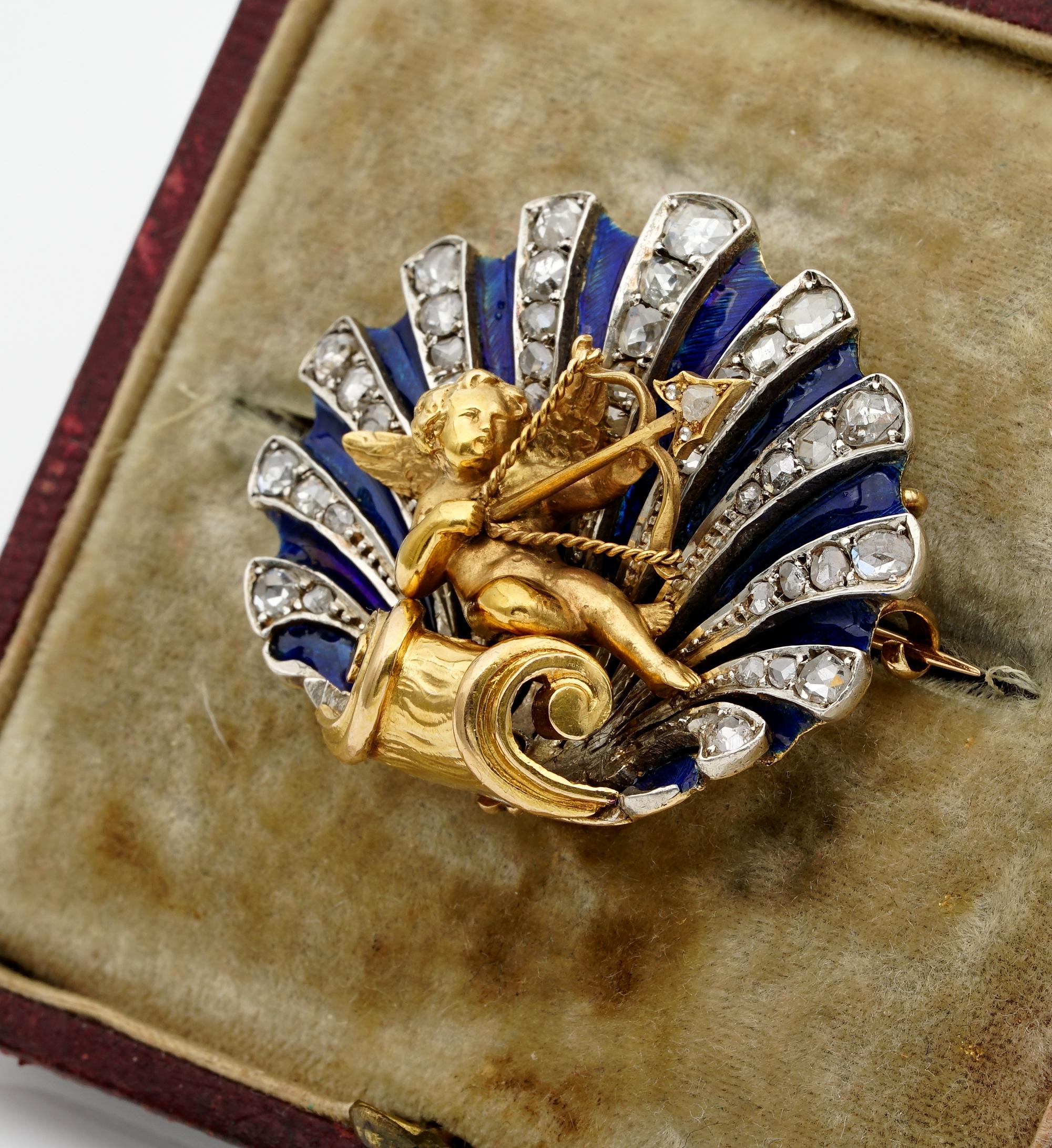 Stunning Victorian Diamond Enamel Cherub Sentimental Brooch Pendant For Sale 1