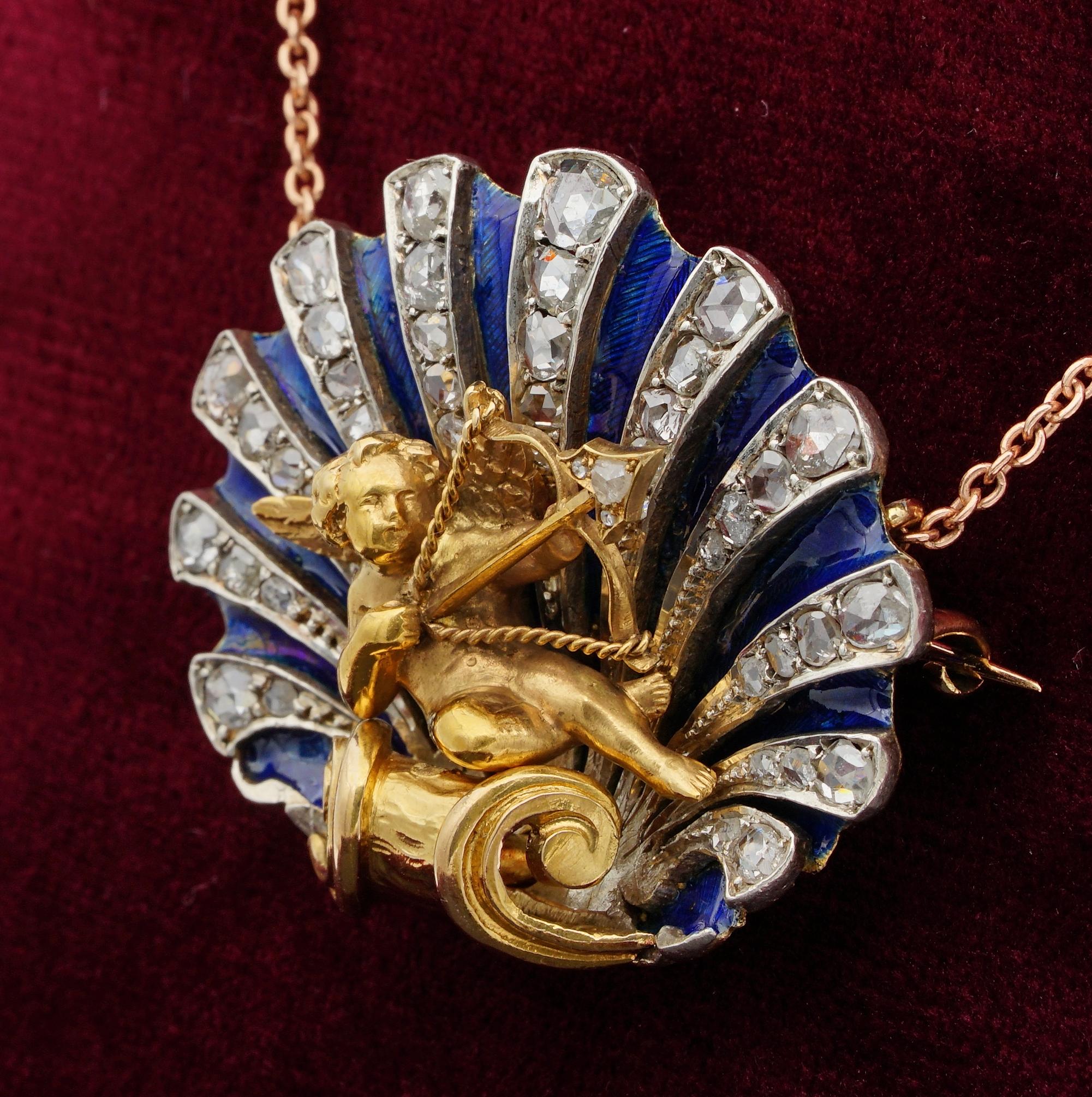 Stunning Victorian Diamond Enamel Cherub Sentimental Brooch Pendant For Sale 2