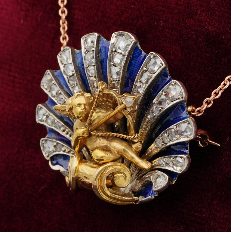 Stunning Victorian Diamond Enamel Cherub Sentimental Brooch Pendant For ...