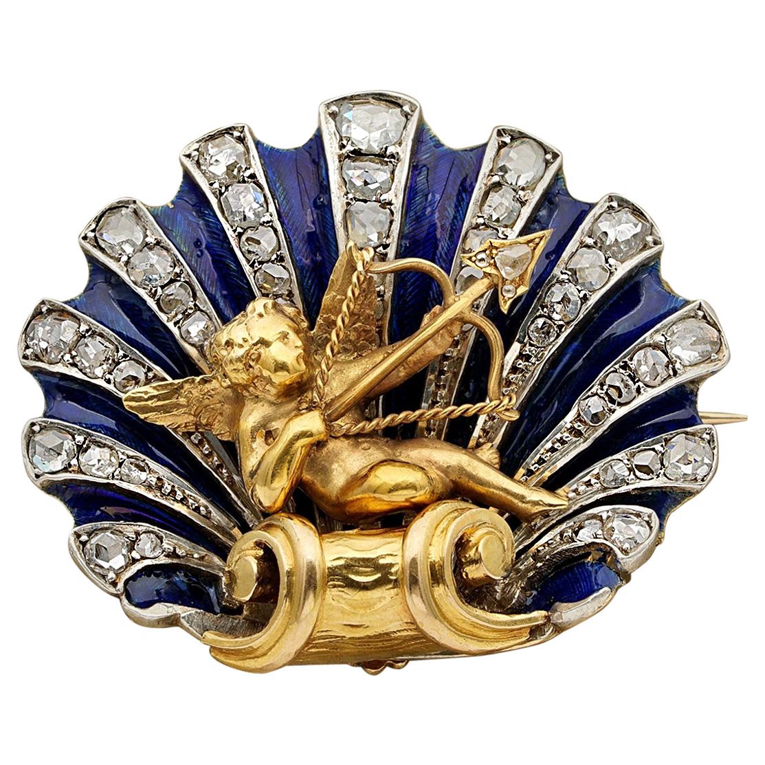 Stunning Victorian Diamond Enamel Cherub Sentimental Brooch Pendant For Sale