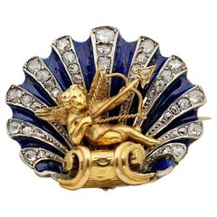 Stunning Victorian Diamond Enamel Cherub Sentimental Brooch Pendant