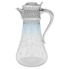 Superbe pichet à vin victorien en verre gravé et argent sterling - Londres 1889