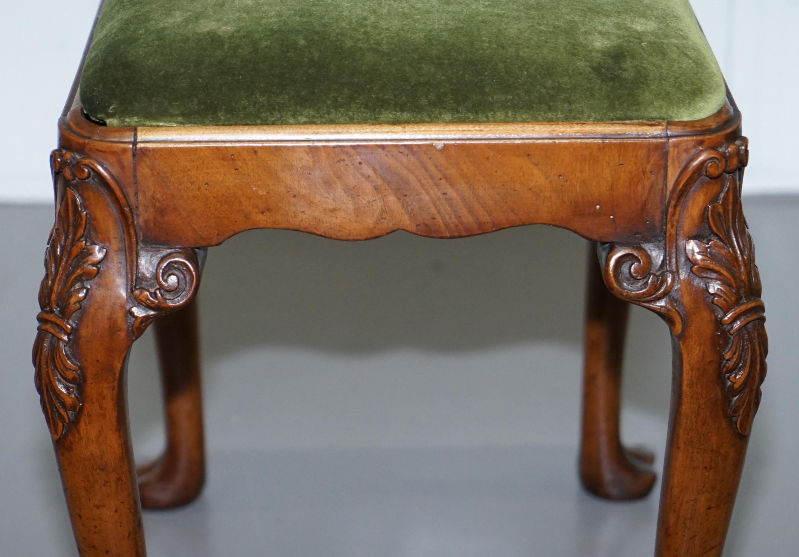 Stunning Victorian Hand Carved Cabriolet Leg Stool with Green Velour Seat Pad 4