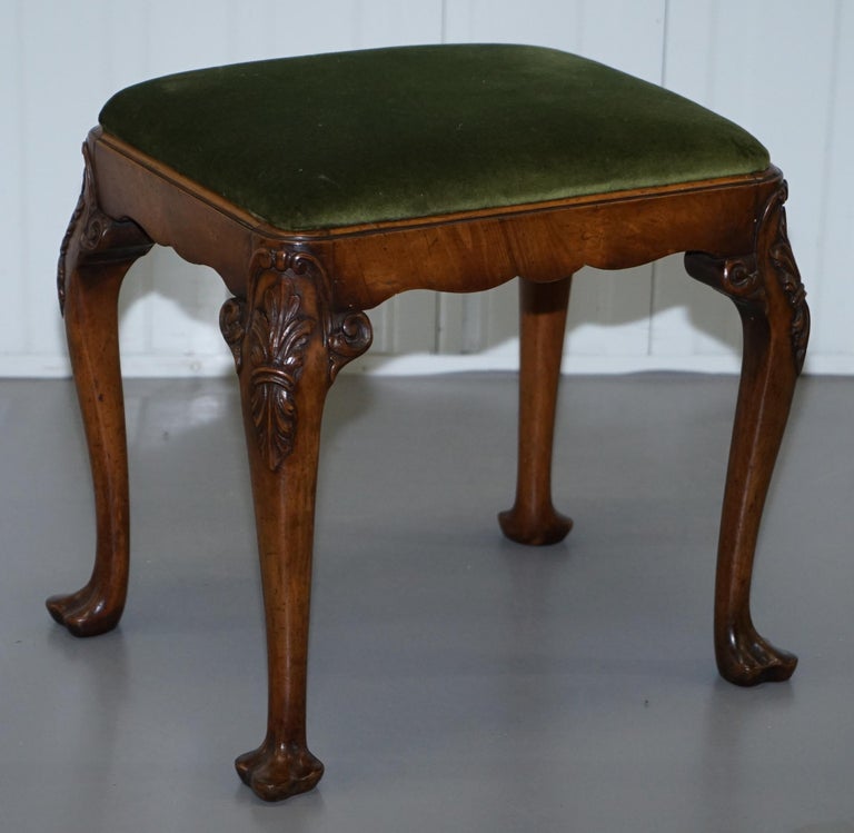 Stunning Victorian Hand Carved Cabriolet Leg Stool with Green Velour