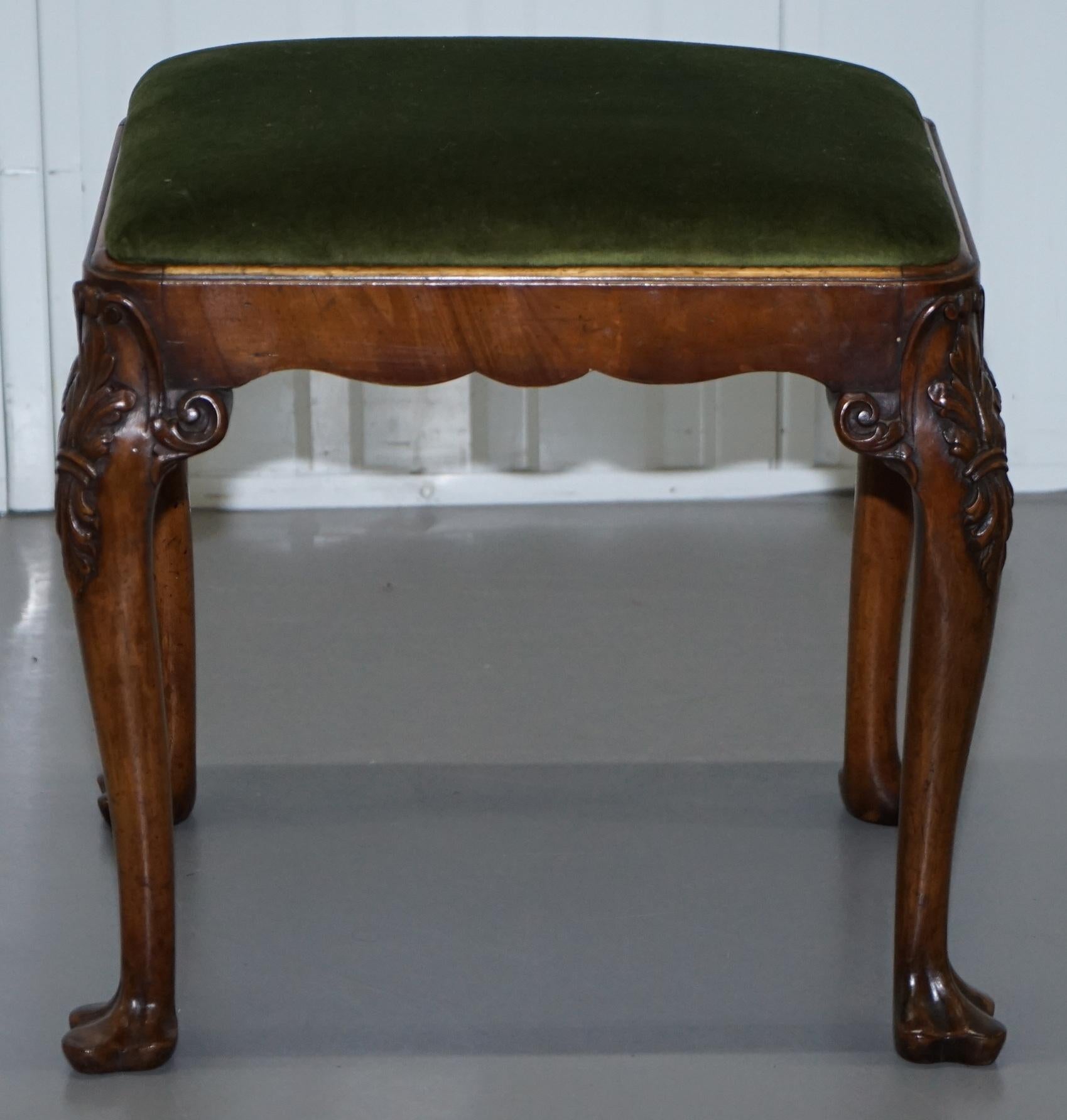 English Stunning Victorian Hand Carved Cabriolet Leg Stool with Green Velour Seat Pad