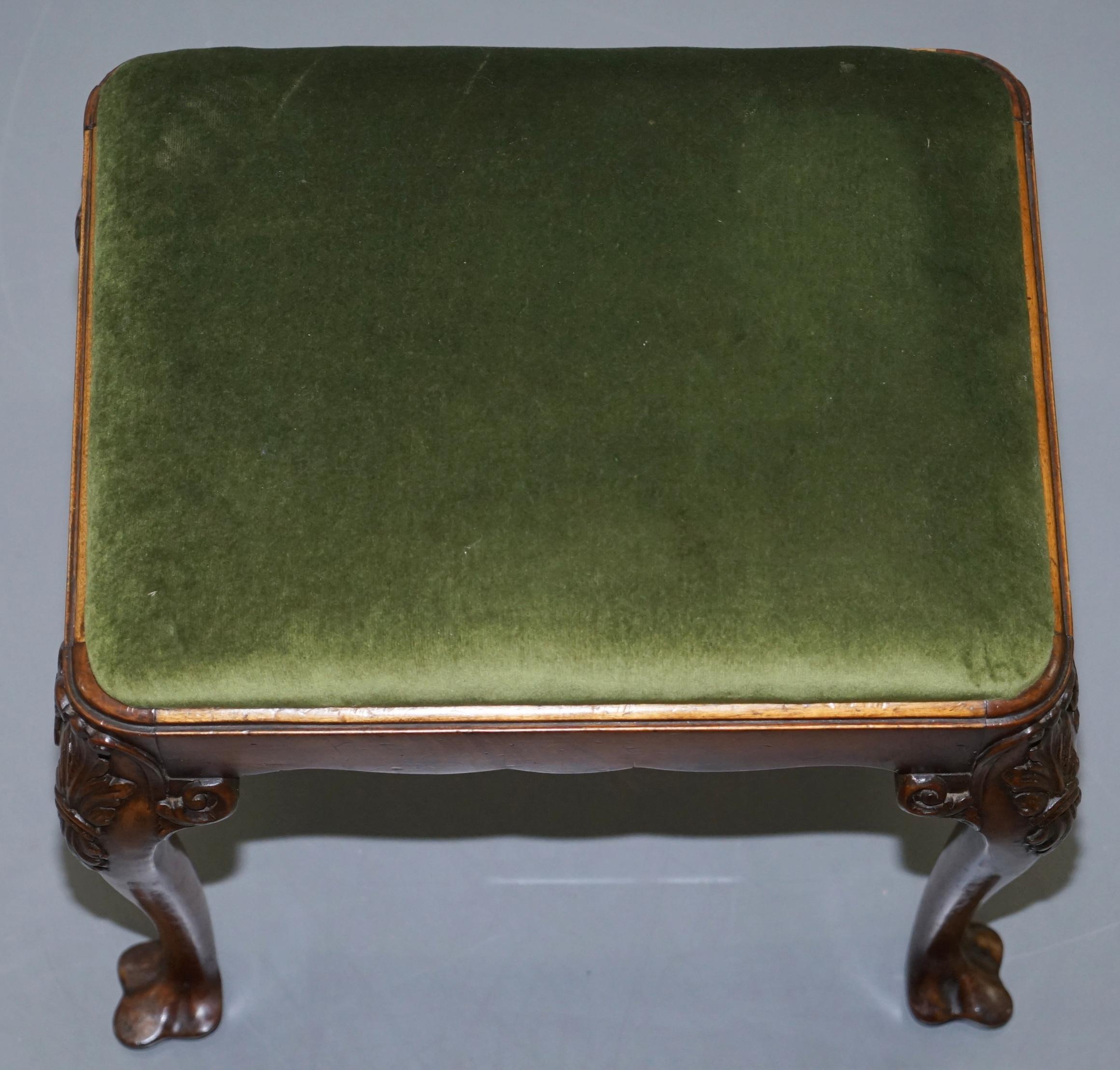 Hand-Crafted Stunning Victorian Hand Carved Cabriolet Leg Stool with Green Velour Seat Pad