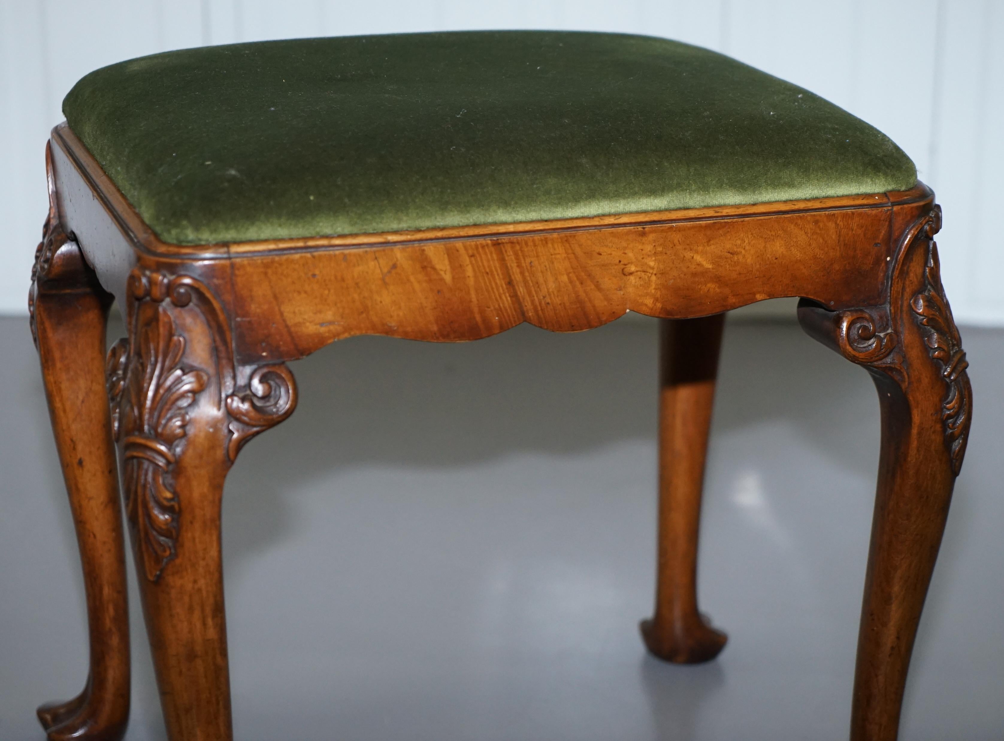 19th Century Stunning Victorian Hand Carved Cabriolet Leg Stool with Green Velour Seat Pad