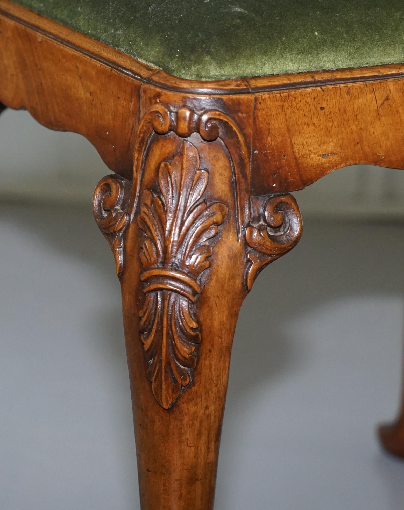 Stunning Victorian Hand Carved Cabriolet Leg Stool with Green Velour Seat Pad 1