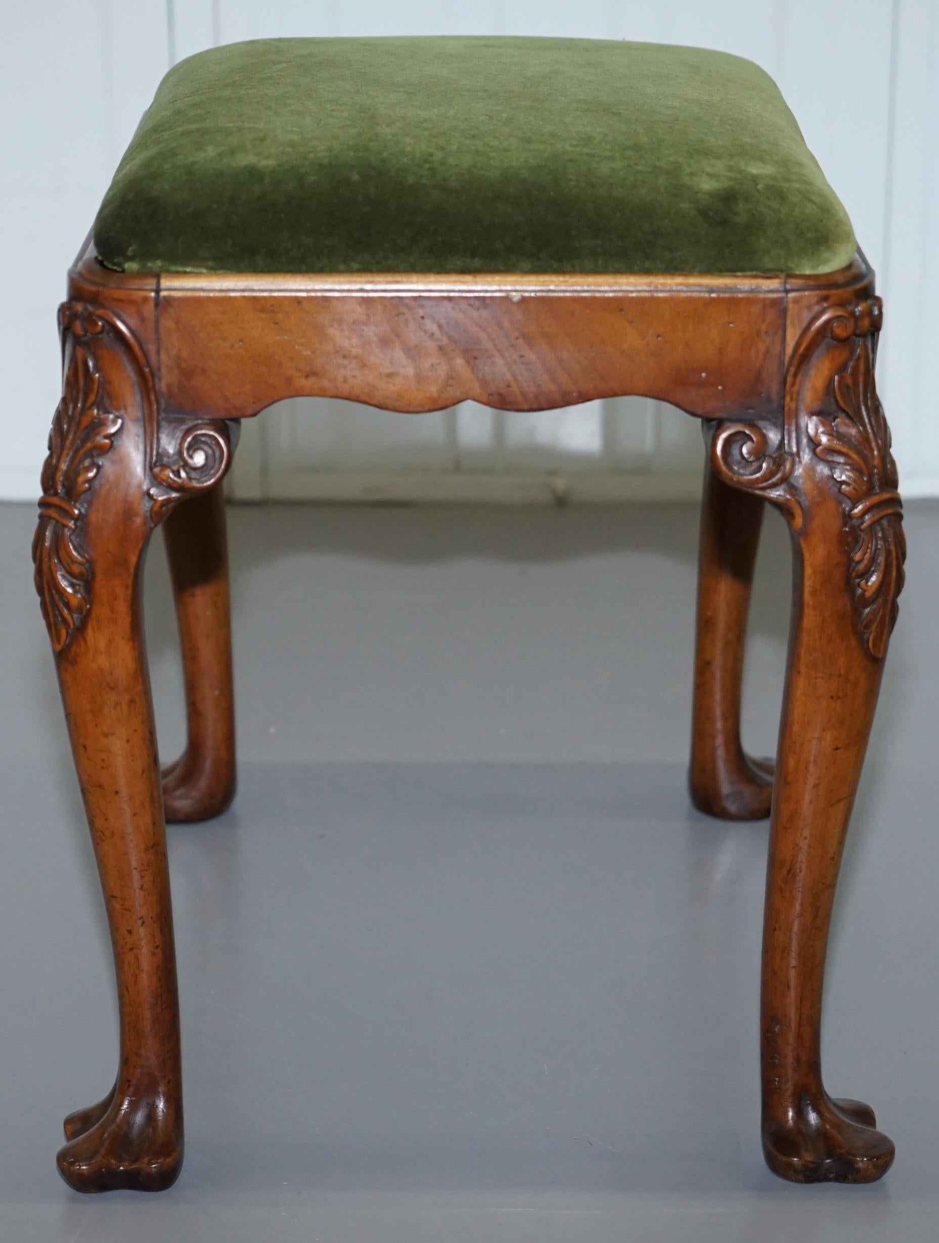 Stunning Victorian Hand Carved Cabriolet Leg Stool with Green Velour Seat Pad 3