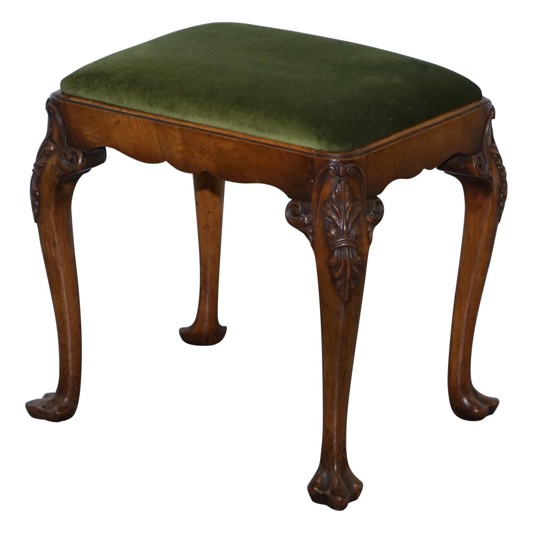 Stunning Victorian Hand Carved Cabriolet Leg Stool with Green Velour Seat Pad