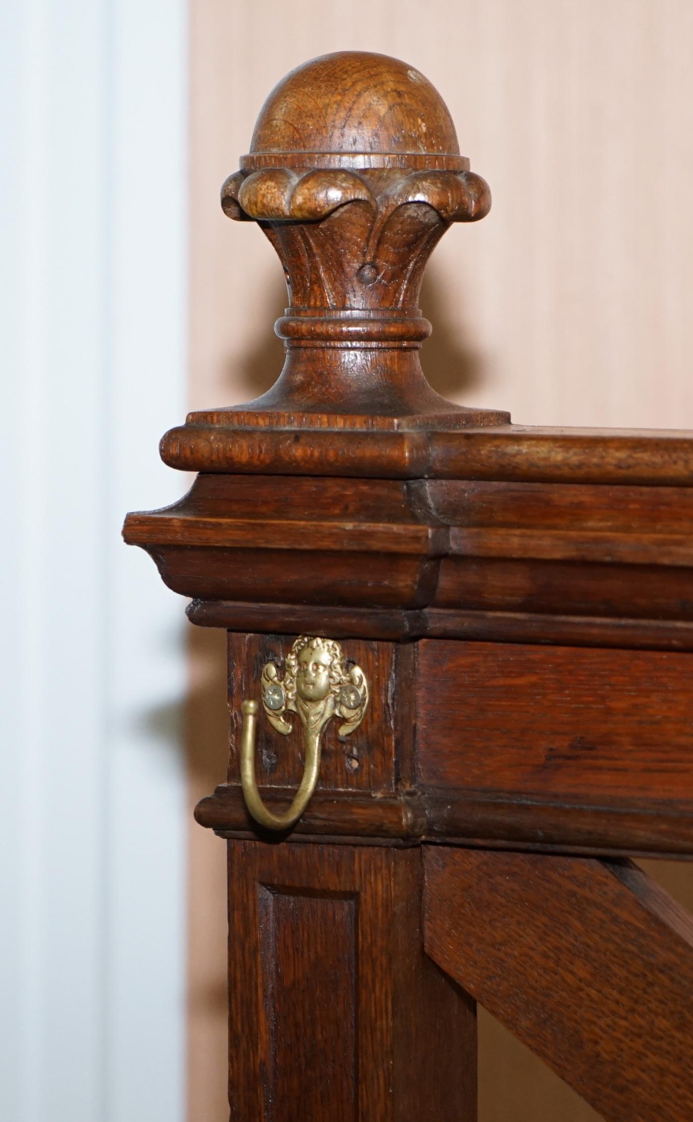 Stunning Victorian Hand Carved English Oak Coat Hat Rack Cherub Angel Hooks 2