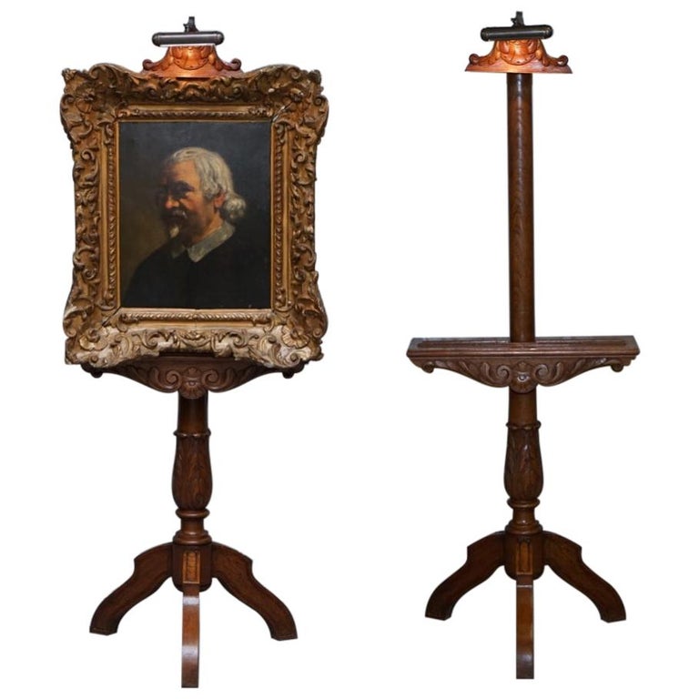 Stunning Victorian Hand Carved Painting Easel with Display Light for