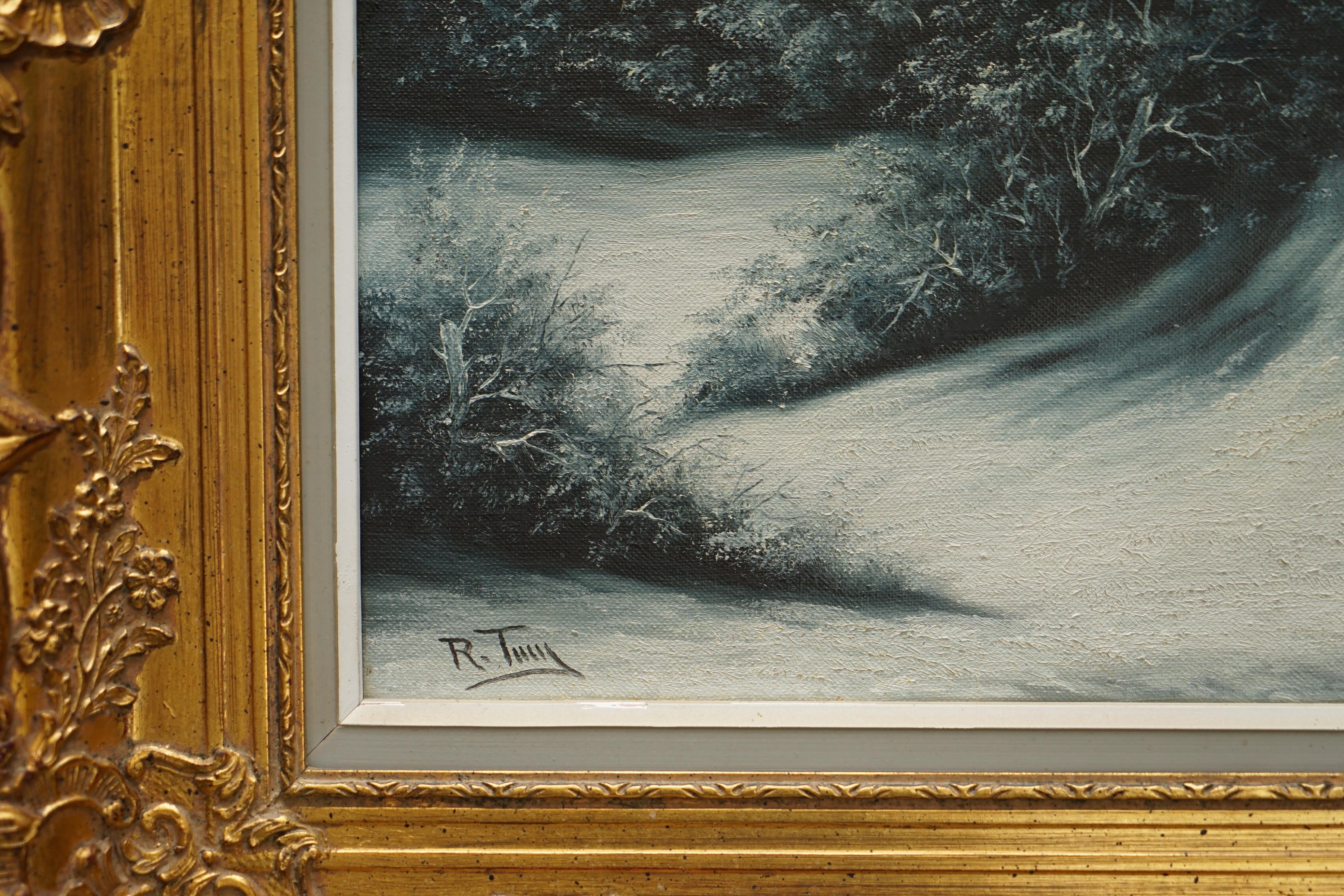 Superbe peinture à l'huile néerlandaise victorienne à grande échelle d'une scène d'hiver par R Tuey en vente 3