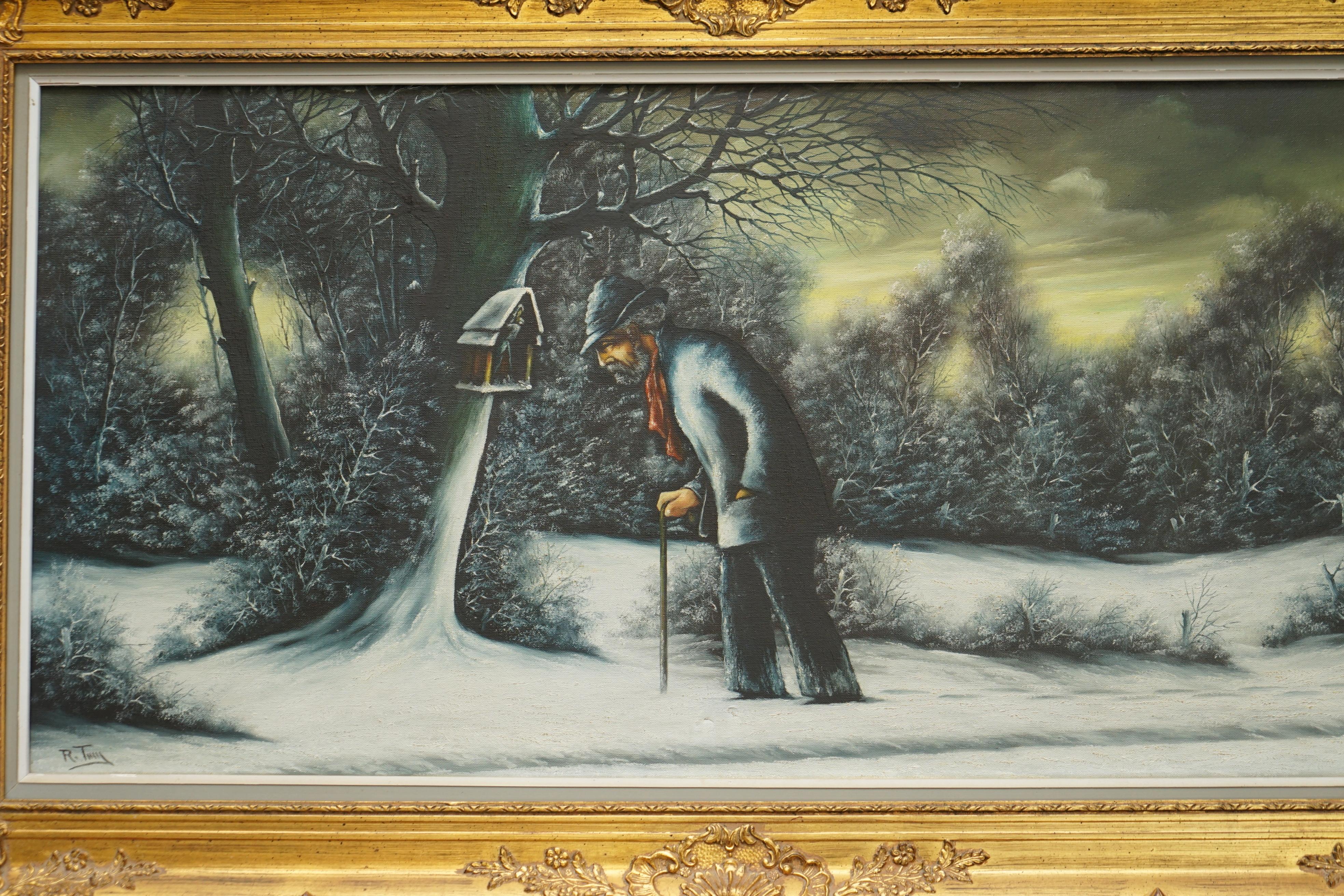 Fait main Superbe peinture à l'huile néerlandaise victorienne à grande échelle d'une scène d'hiver par R Tuey en vente