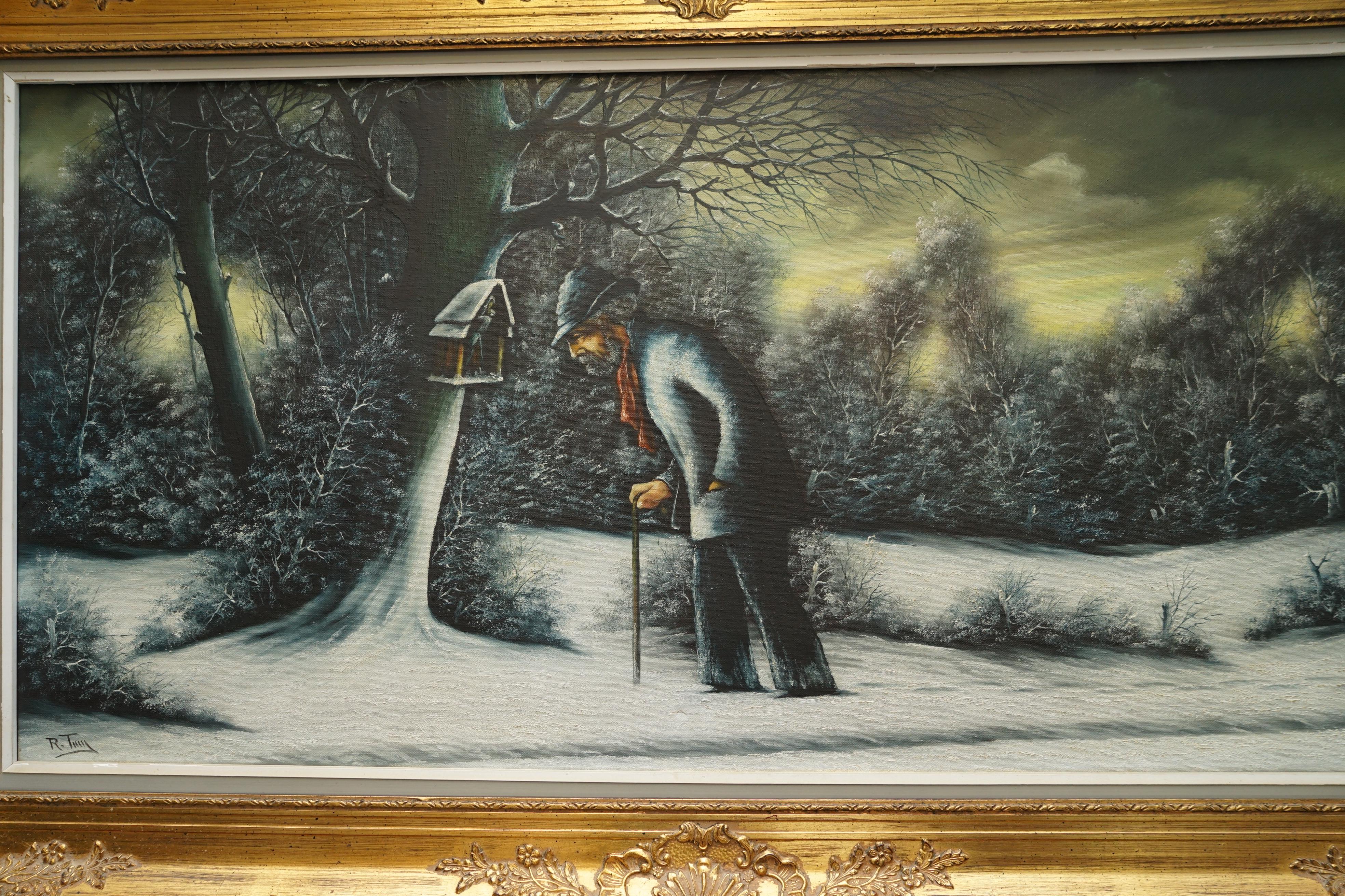 Toile Superbe peinture à l'huile néerlandaise victorienne à grande échelle d'une scène d'hiver par R Tuey en vente