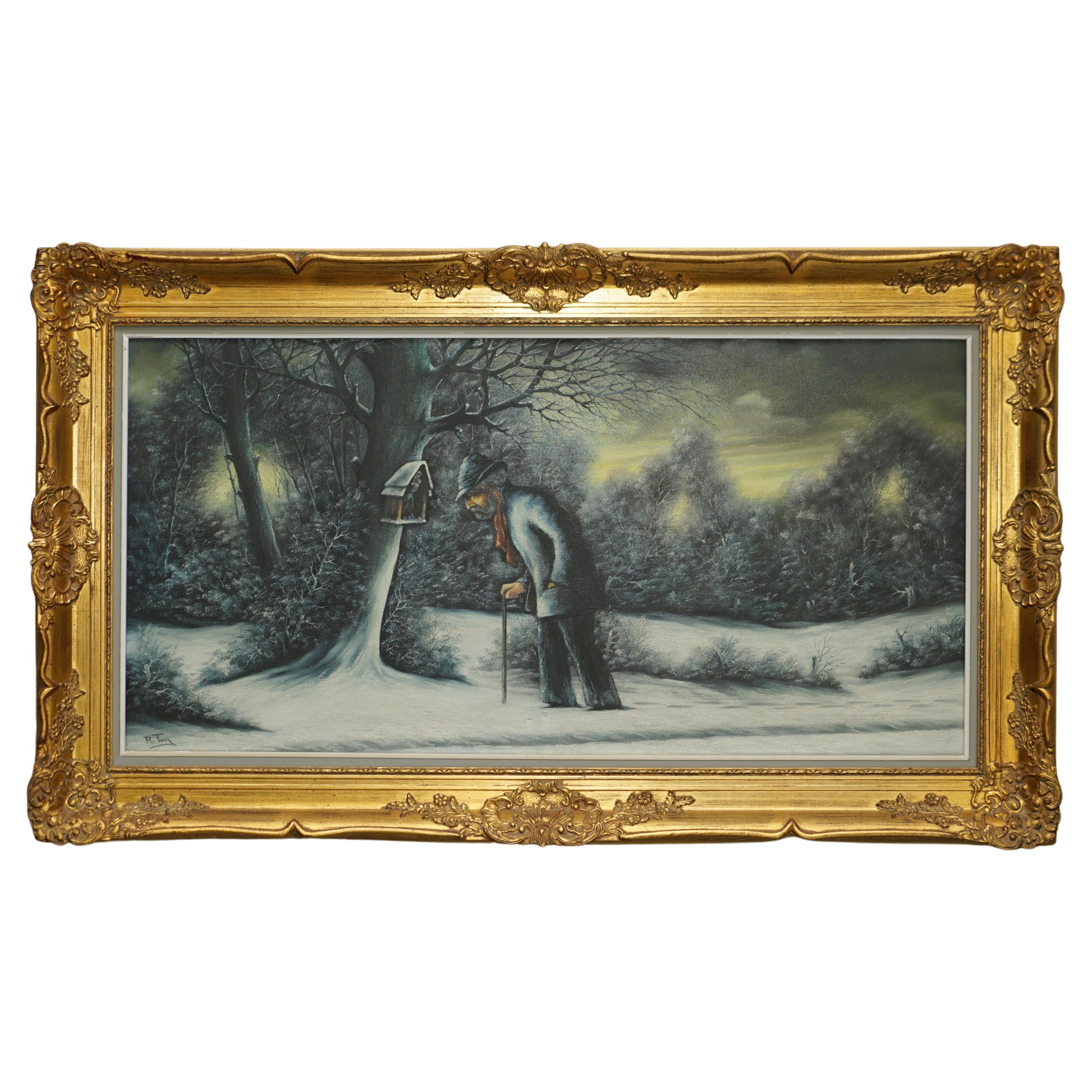 Superbe peinture à l'huile néerlandaise victorienne à grande échelle d'une scène d'hiver par R Tuey en vente