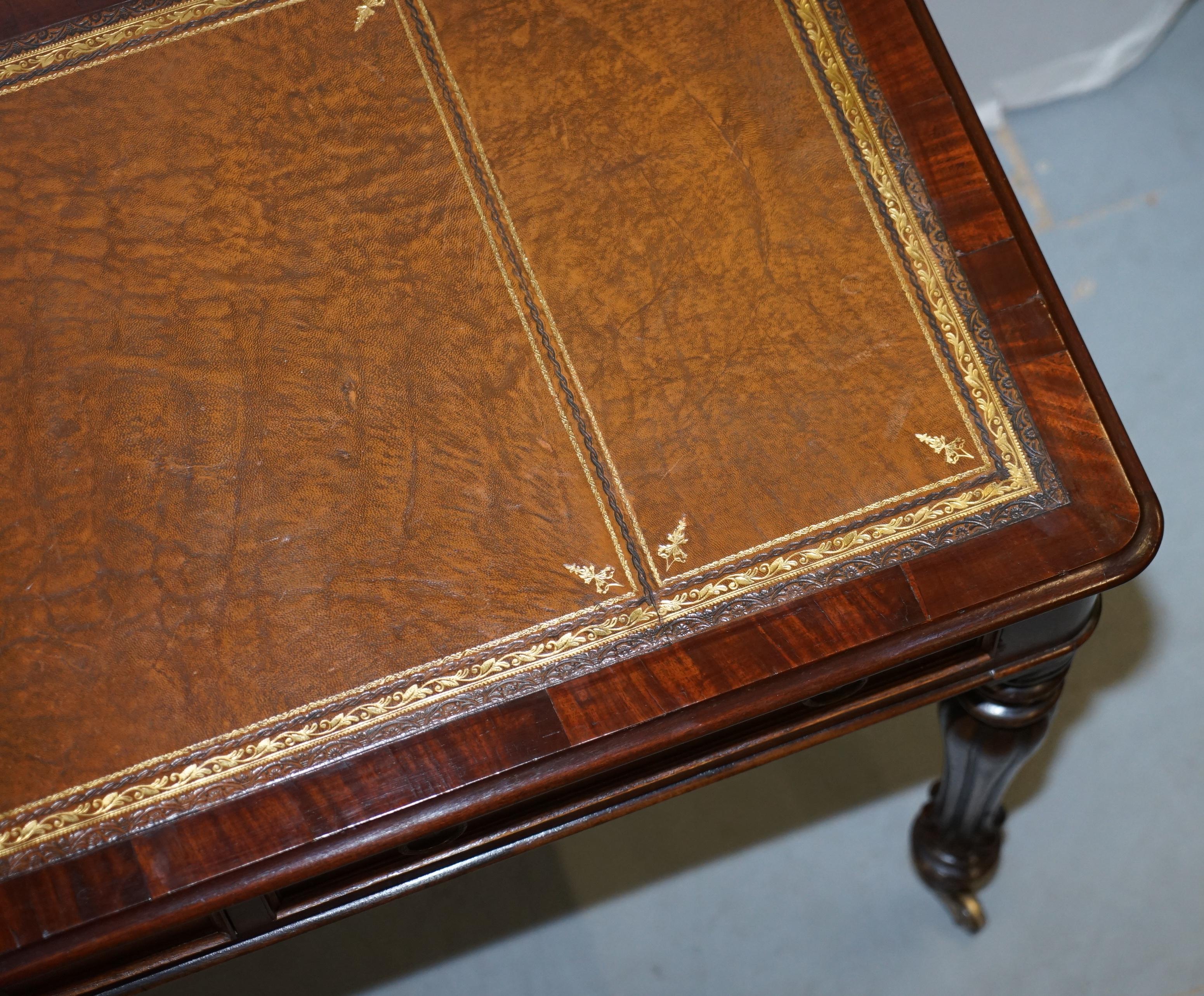 Stunning Victorian Library Writing Table or Desk Brown Leather Top Gillows Legs 8