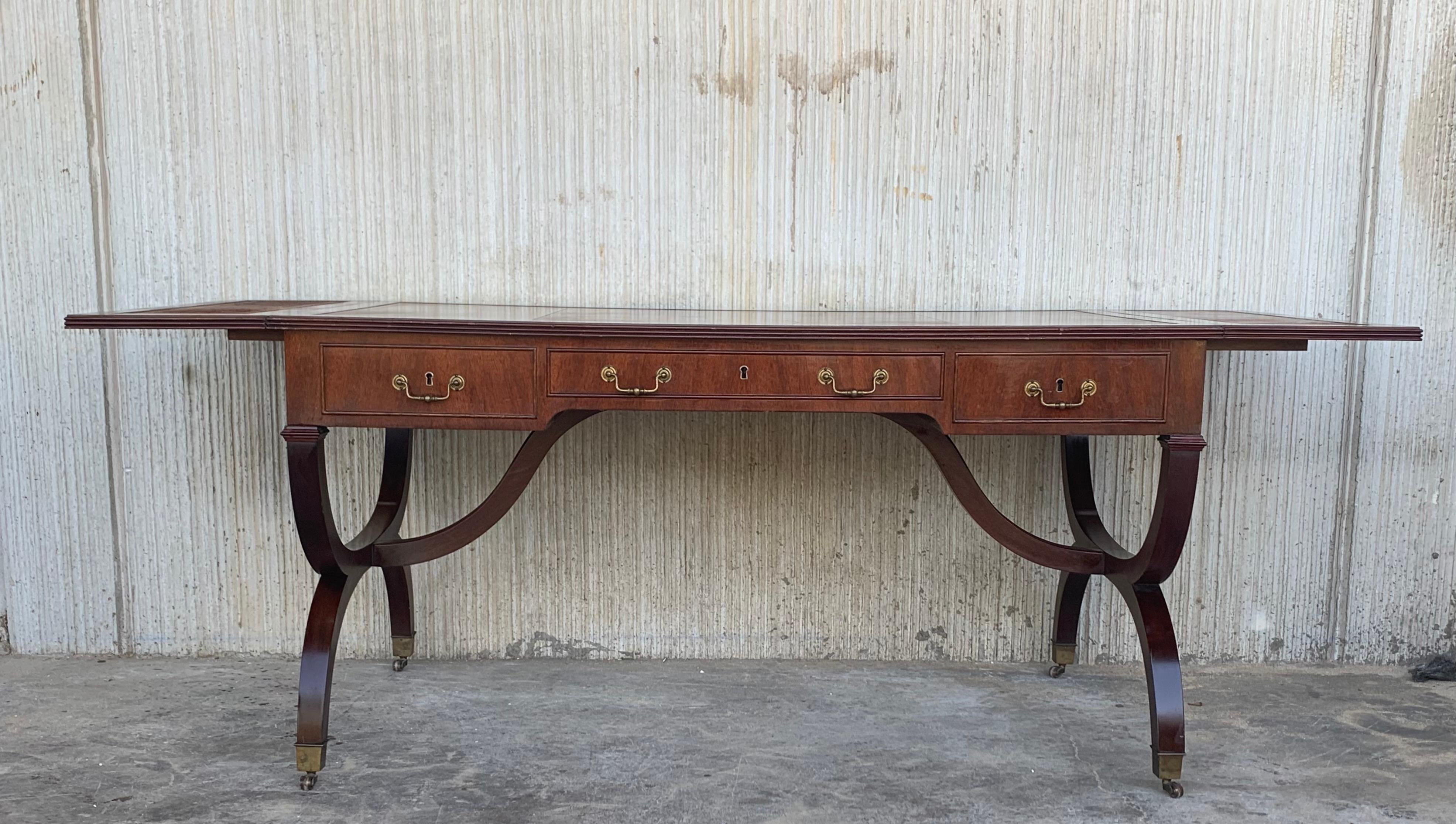 French Stunning Victorian Library Writing Table or Desk Brown Leather Top Gillows Legs